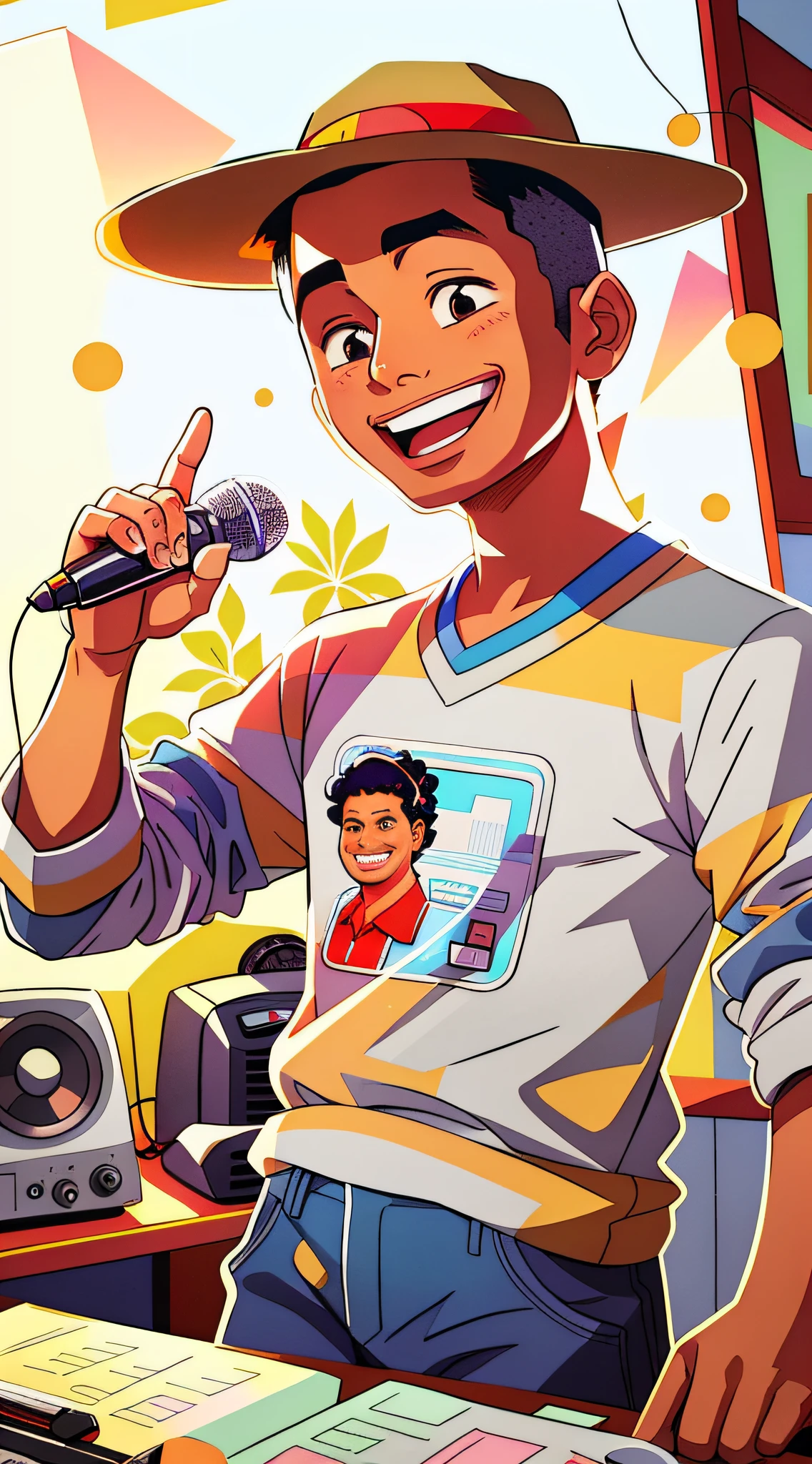 A man in the room holding a cartoon with microphone and radio, in the style of sachin teng, Cartoon Art Style, Cartoon style illustration, Official artwork, Numbers washes, cartoon portrait of, detailed portrait shot, detailed digital illustration, Detailed portrait, comic artwork, lofi portrait, Sachin Teng, full-colour illustration, Cartoon Art Style, Stylized digital illustration