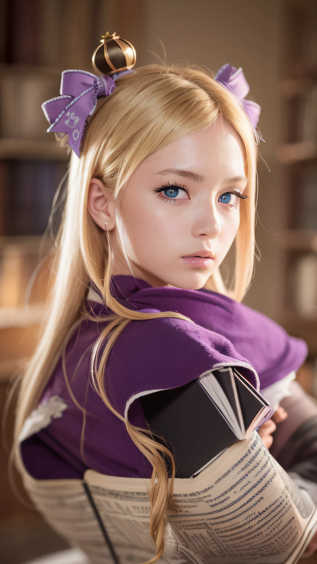 realistic, 1girl, masterpiece, best quality: 1.2), ultra-detailed face, highres, 1girl solo, ((red dress, red crown, blonde hair, blue eyes, library, purple thighhighs, ribbon)), detail face, realistic, perfect hand, bokeh, perfect face, 8k UHD, Beatrice from Re:Zero, looking at viewers, 8k UHD, (masterpiece,best quality: 1.2), ultra-detailed face, highres, 1girl solo, ((female adult)), detail face, realistic, perfect hand, bokeh, perfect face, 8k UHD, (full body:1.5), photorealistic, ultrarealistic, absurdres, incredibly absurdres, Canon EOS R6, 85mm, 1/200s, f/5.6, ISO 1600, nice hands, perfect hands, perfect eyes, bokeh