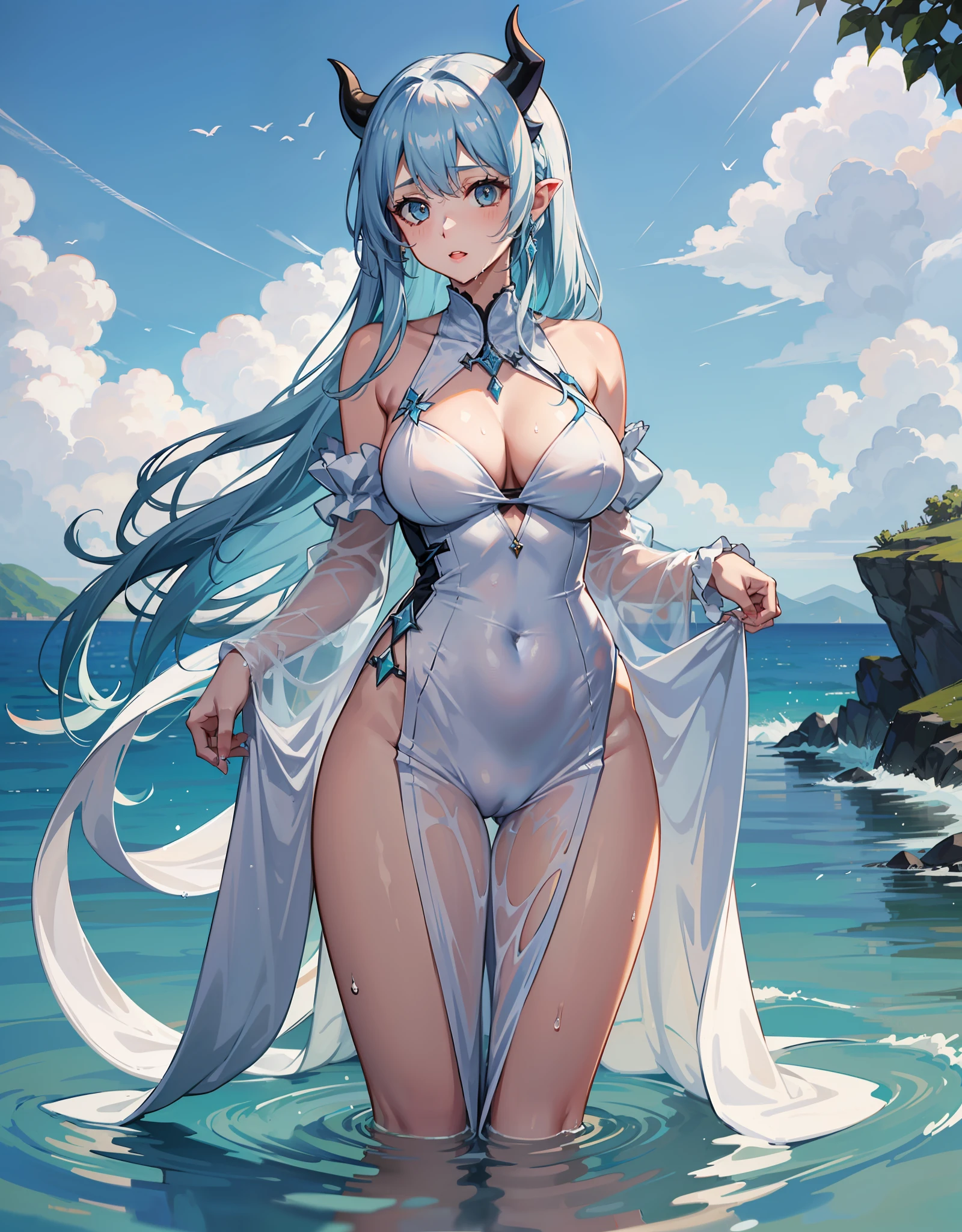 Young woman with light blue hair and white horns sticking out of the water in a long white ball dress all wet, Ela tem um corpo volumoso e os seios, breasts and bust are huge, ela tem um rosto macio delicado lindo e perfeito. Sentada nas escadas da catedral
