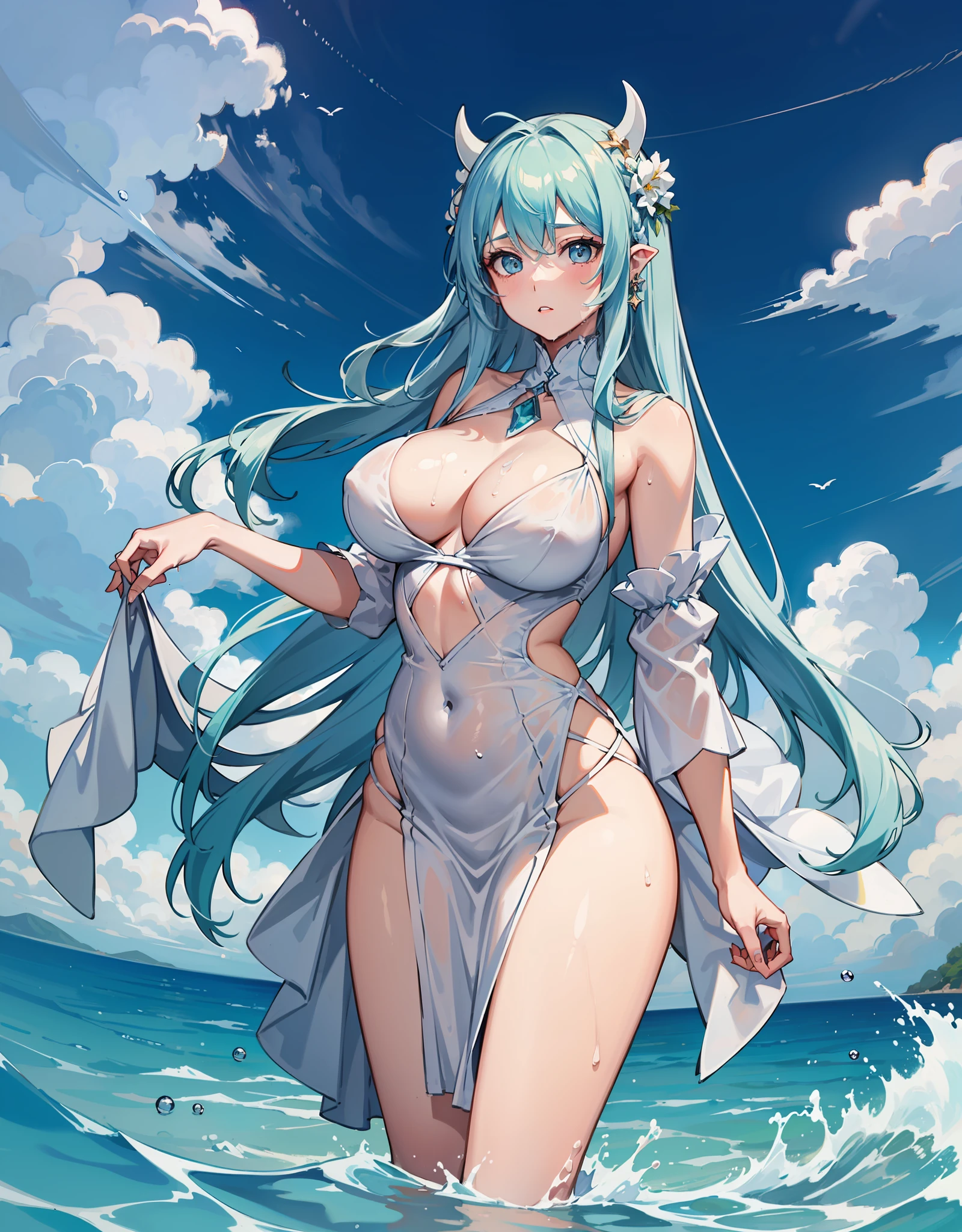 Young woman with light blue hair and white horns sticking out of the water in a long white ball dress all wet, Ela tem um corpo volumoso e os seios, breasts and bust are huge, ela tem um rosto macio delicado lindo e perfeito. Sentada nas escadas da catedral