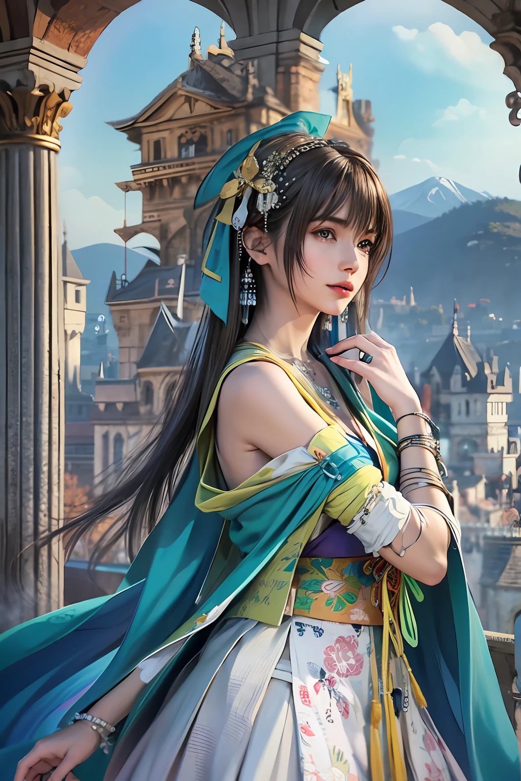 1girl, solo, jewelry, detached sleeves, necklace, blue-beaded earring, hakama skirt
YunaFFX,
ultra high res, photo, photorealistic, highly detailed, detailed face, solo cute woman, castle balcony,
medium breasts, (masterpiece, high quality),looking at viewer, gorgeous goddess, bob cut, shiny skin,
charming, alluring, dreamlike, royal cloak, ((thick bangs)),