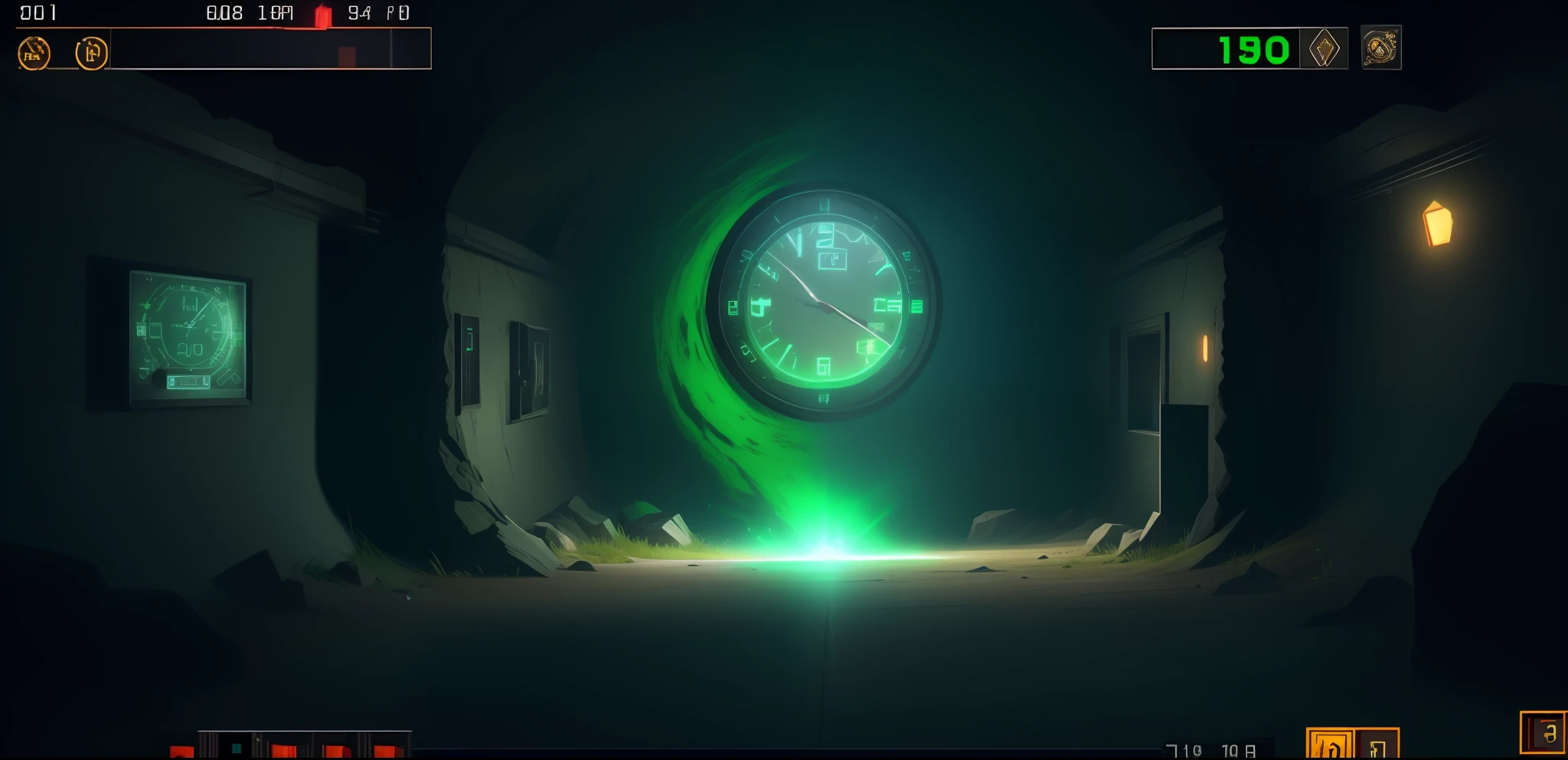 Screenshot of a darkroom with clock and green light, gameplay screenshot with ui, Kud Cave, Roguelike, game screenshot, roguelike style, in game screenshot, game screenshot, Subtle glitches, in - game footage, in-game footage, low quality footage, gameplay still, screenshot from an fps