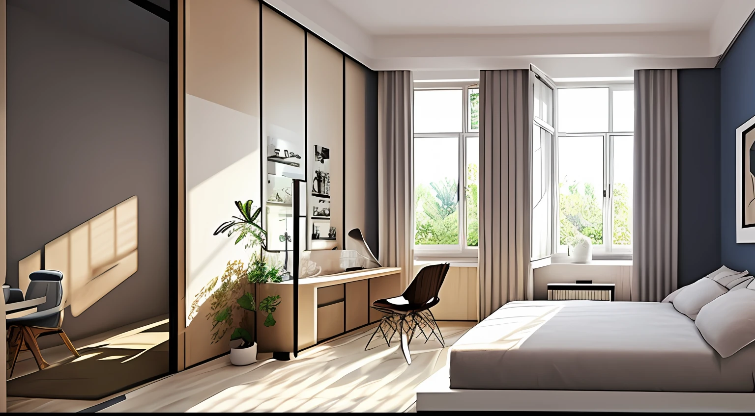 Made in CG、Modern room where the painter lives alone、Plenty of morning sunlight shining through the large windows、Outside the window you can see a large garden with many trees、There are pictures on the walls. --auto