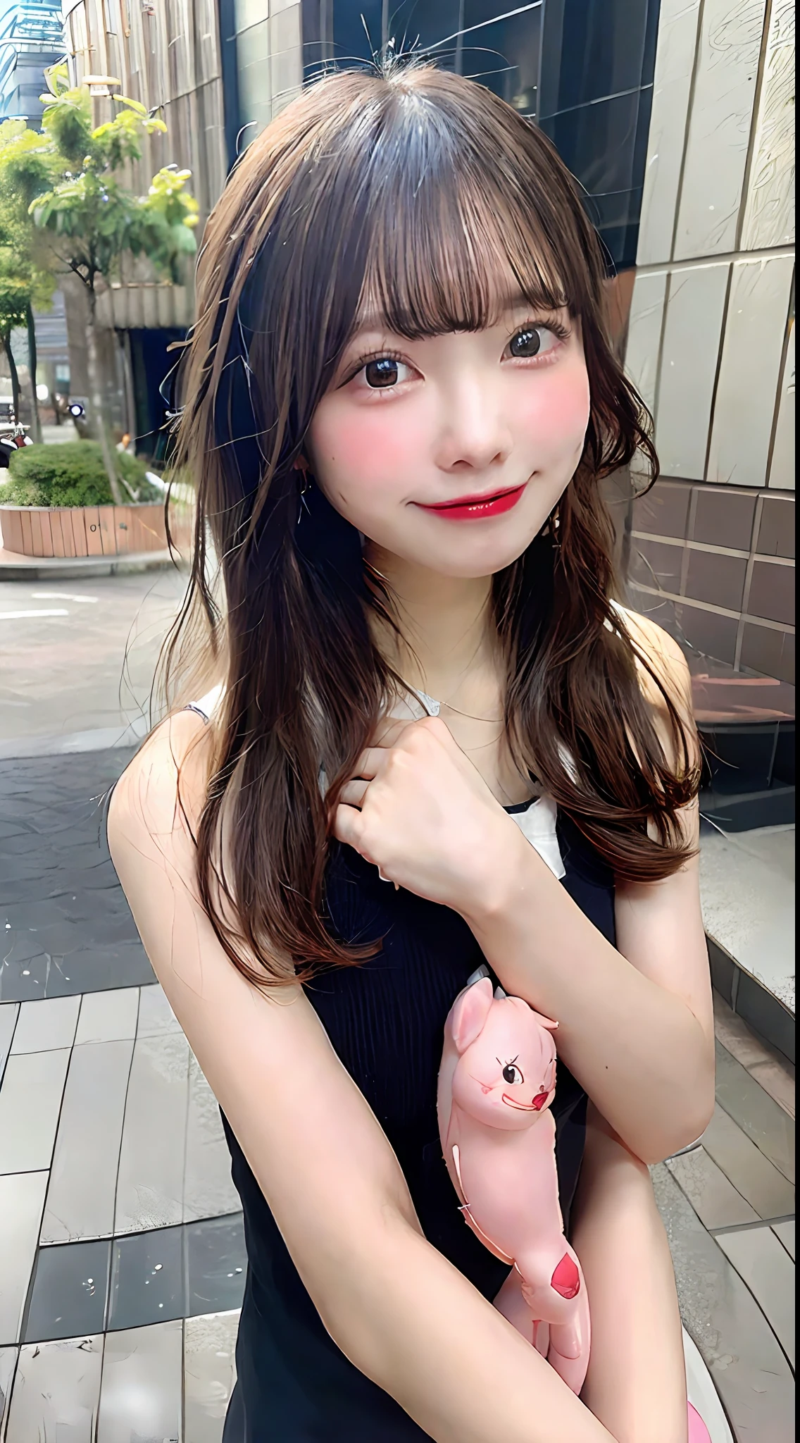 (8K、Raw photography、Top image quality、hight resolution:1.1)、(A hyper-realistic:1.4)、(realisitic、Photorealsitic:1.3)、Soft light、girl with、short-hair、japanes、20yr old、Lifelike face、Realistic body、real looking skin、、absurderes、masterpiece、(cute little:1.8)、Cuties、独奏、(long:1.2)、Detailed black eyes、Innocent eyes、cheek、(Tank Tops:1.2)、cinematric light、film grains、Hands on hips、((hugetits:1.1))、Pink lips、a closeup、Look Viewer、The upper part of the body、 Open lips、Upper teeth、(Smiling eyes:0.6)、((Grinning:1.2))、depth of fields、blurry backround、eyes focus、bokeh dof、夏天、Shinjuku、the met、mare、105mm lens、Colossal tits、F / 1.4、Professional Lighting、年轻、portlate、photon maping、Radio City、physically-based renderingt