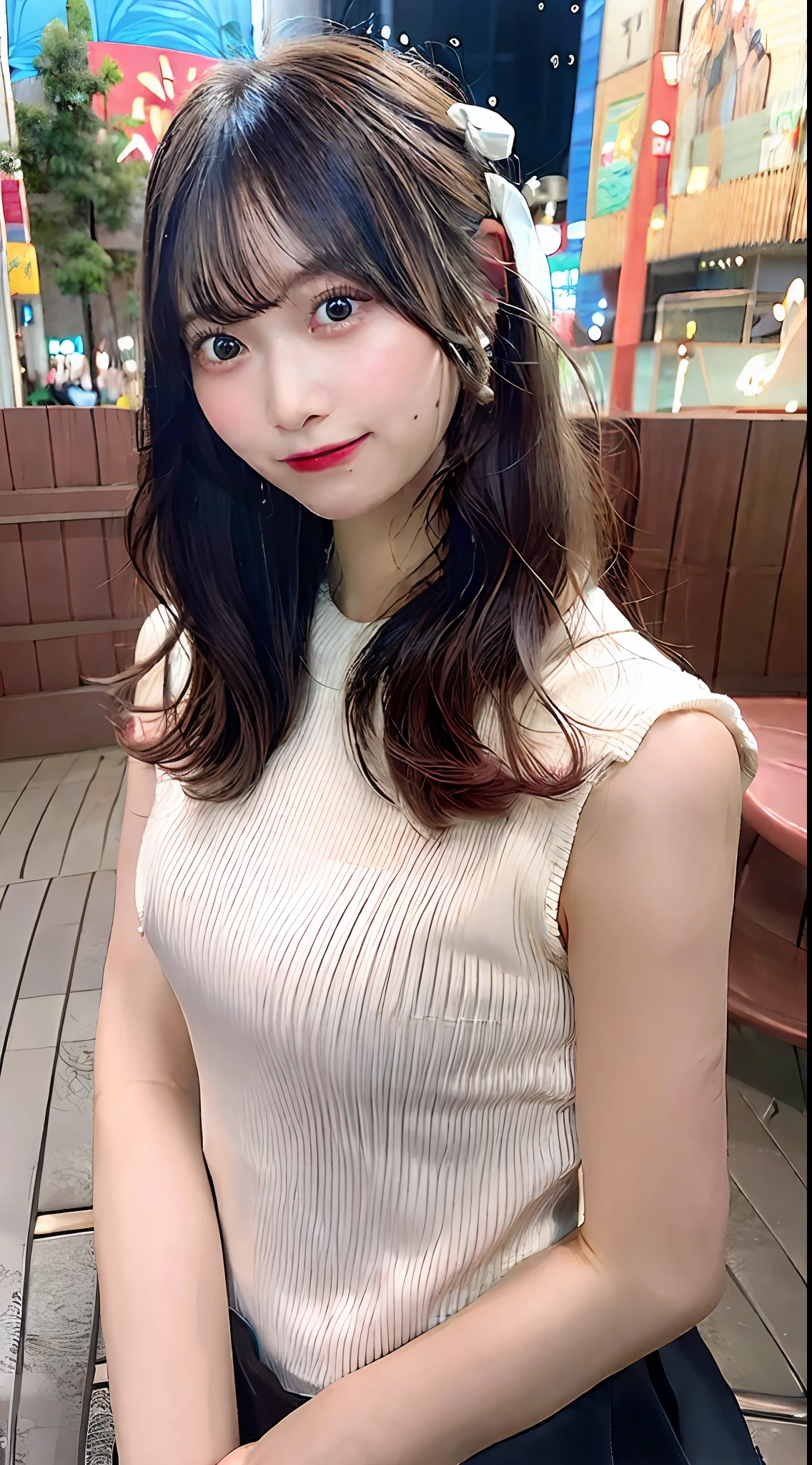 (8K、Raw photography、Top image quality、hight resolution:1.1)、(A hyper-realistic:1.4)、(realisitic、Photorealsitic:1.3)、Soft light、girl with、short-hair、japanes、20yr old、Lifelike face、Realistic body、real looking skin、、absurderes、masterpiece、(cute little:1.8)、Cuties、独奏、(long:1.2)、Detailed black eyes、Innocent eyes、cheek、(Tank Tops:1.2)、cinematric light、film grains、Hands on hips、((hugetits:1.1))、Pink lips、a closeup、Look Viewer、The upper part of the body、 Open lips、Upper teeth、(Smiling eyes:0.6)、((Grinning:1.2))、depth of fields、blurry backround、eyes focus、bokeh dof、夏天、Shinjuku、the met、mare、105mm lens、Colossal tits、F / 1.4、Professional Lighting、年轻、portlate、photon maping、Radio City、physically-based renderingt