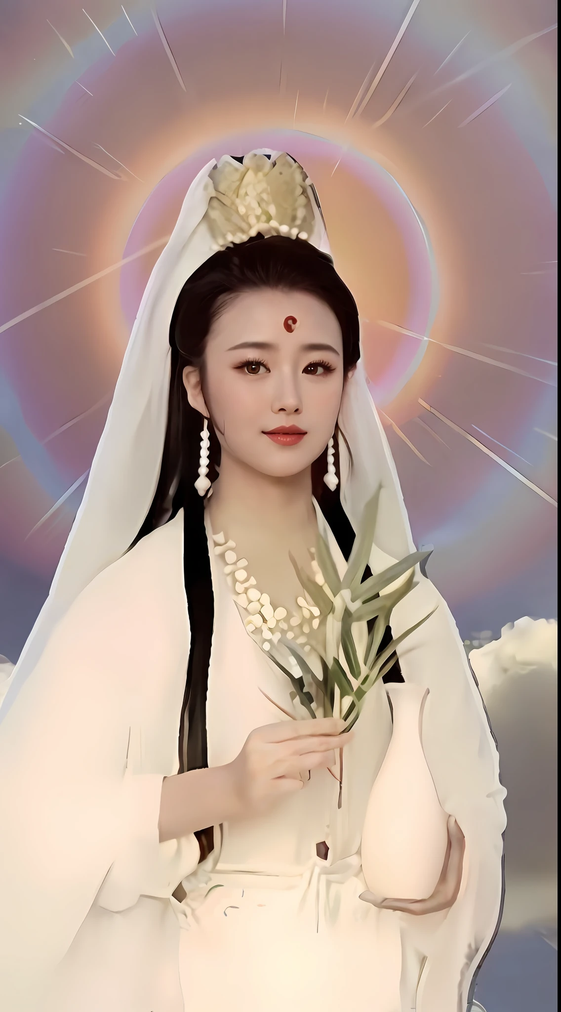 Image of Alphard，A woman in a white dress holds a bouquet of flowers, Guanyin, guanyin of the southern seas, queen of the sea mu yanling, goddess of love and peace, heise-lian yan fang, inspired by Ju Lian, an ancient Chinese goddess, inspired by Lü Ji, A queen of heaven, Yun Ling, Inspired by Lan Ying