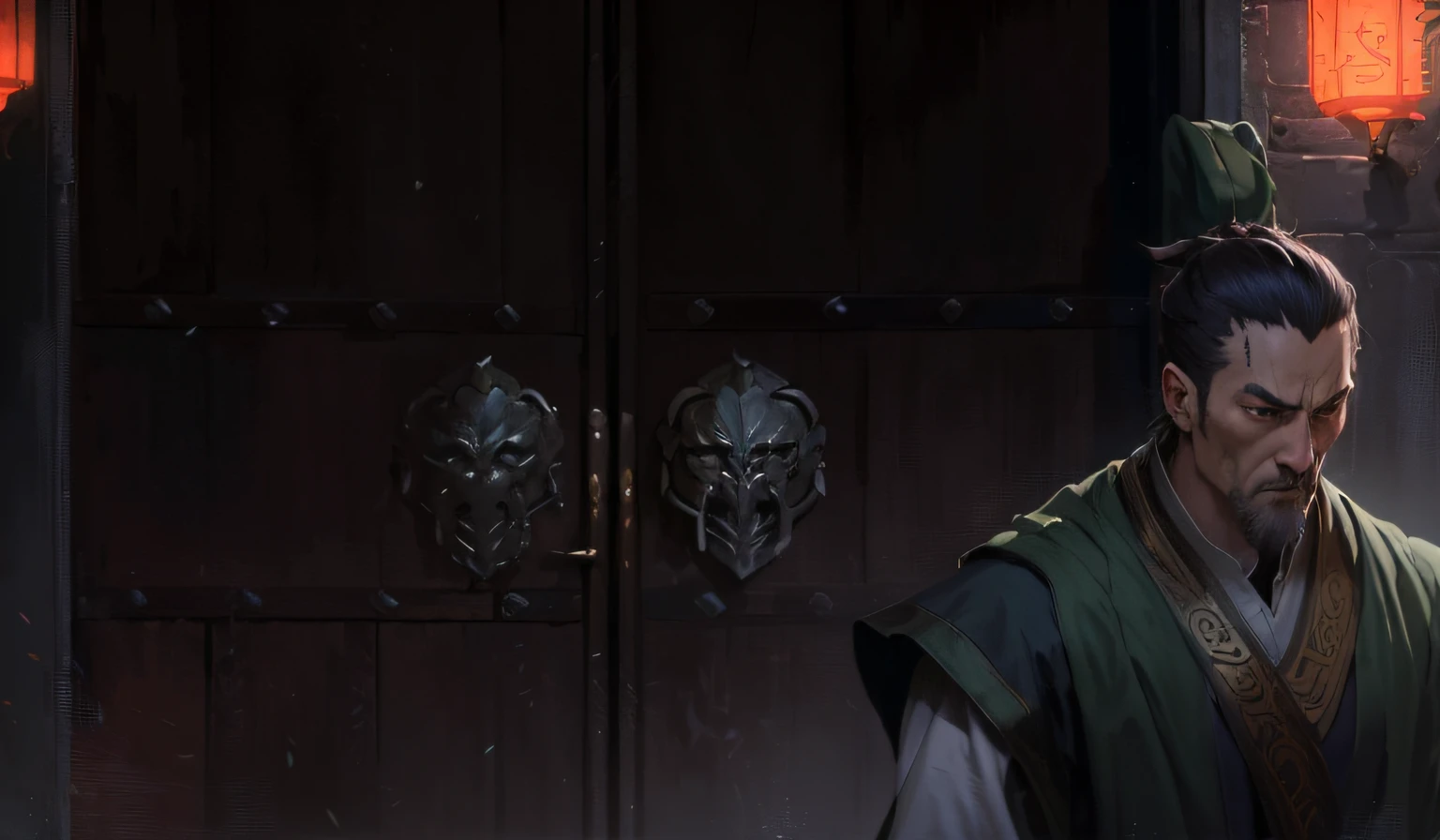 In front of the door stood a man in a green robe。, picture of a male cleric, Banner, character art closeup, concept art of a monk, background artwork, in the anime series ergo proxy, makoto sinkai, In animated films《Ergo Agent》Curly, Guviz-style artwork, inspired by Zhang Sengyao