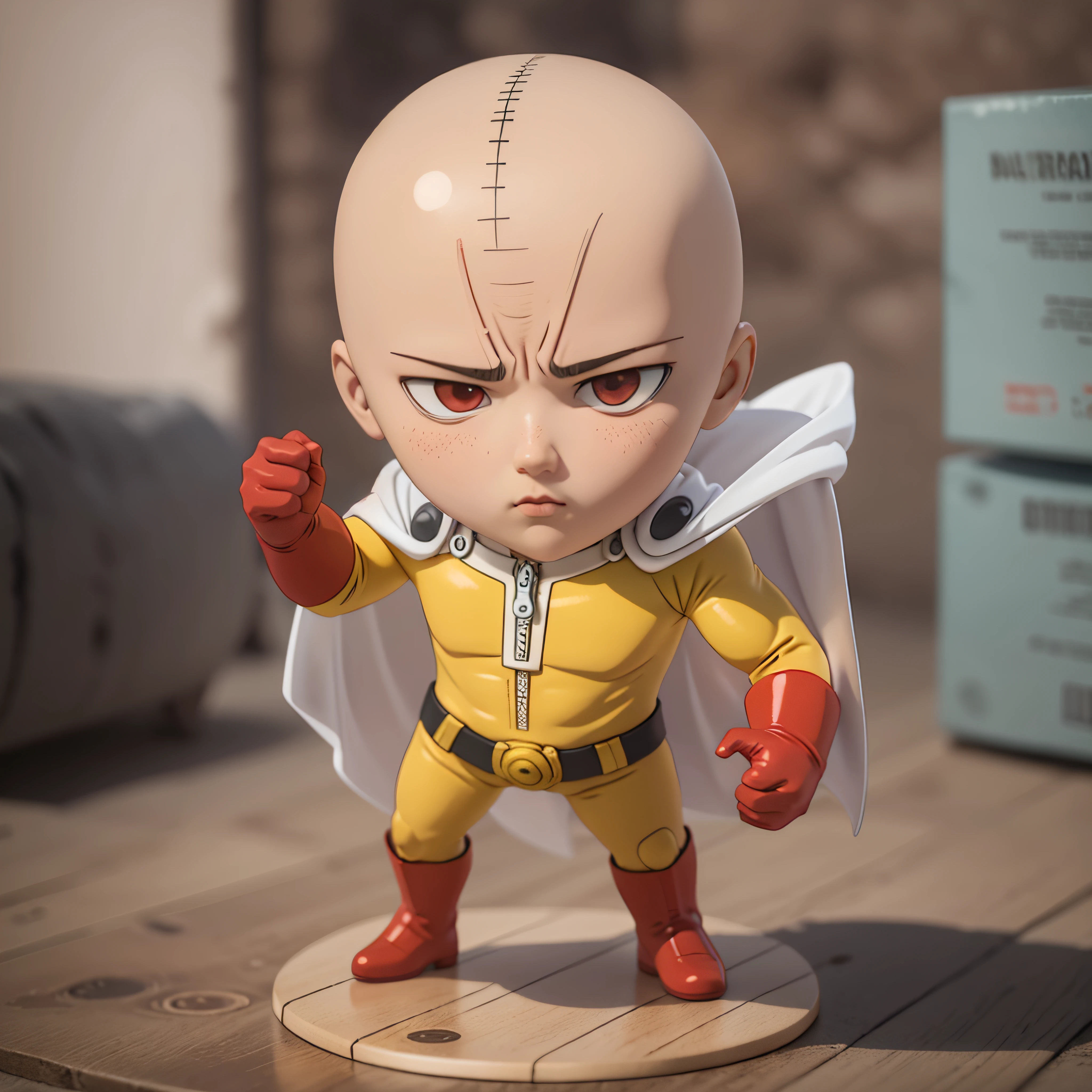 ((realistic)), 3D art, (chibi:1.1), One Punch Man Saitama,  kawaii, yellow bodysuit, white cape, long red rubber gloves, Red boots, 3d rendering, blender, oc renderer, blind box figurine, stand on a glass pedestal