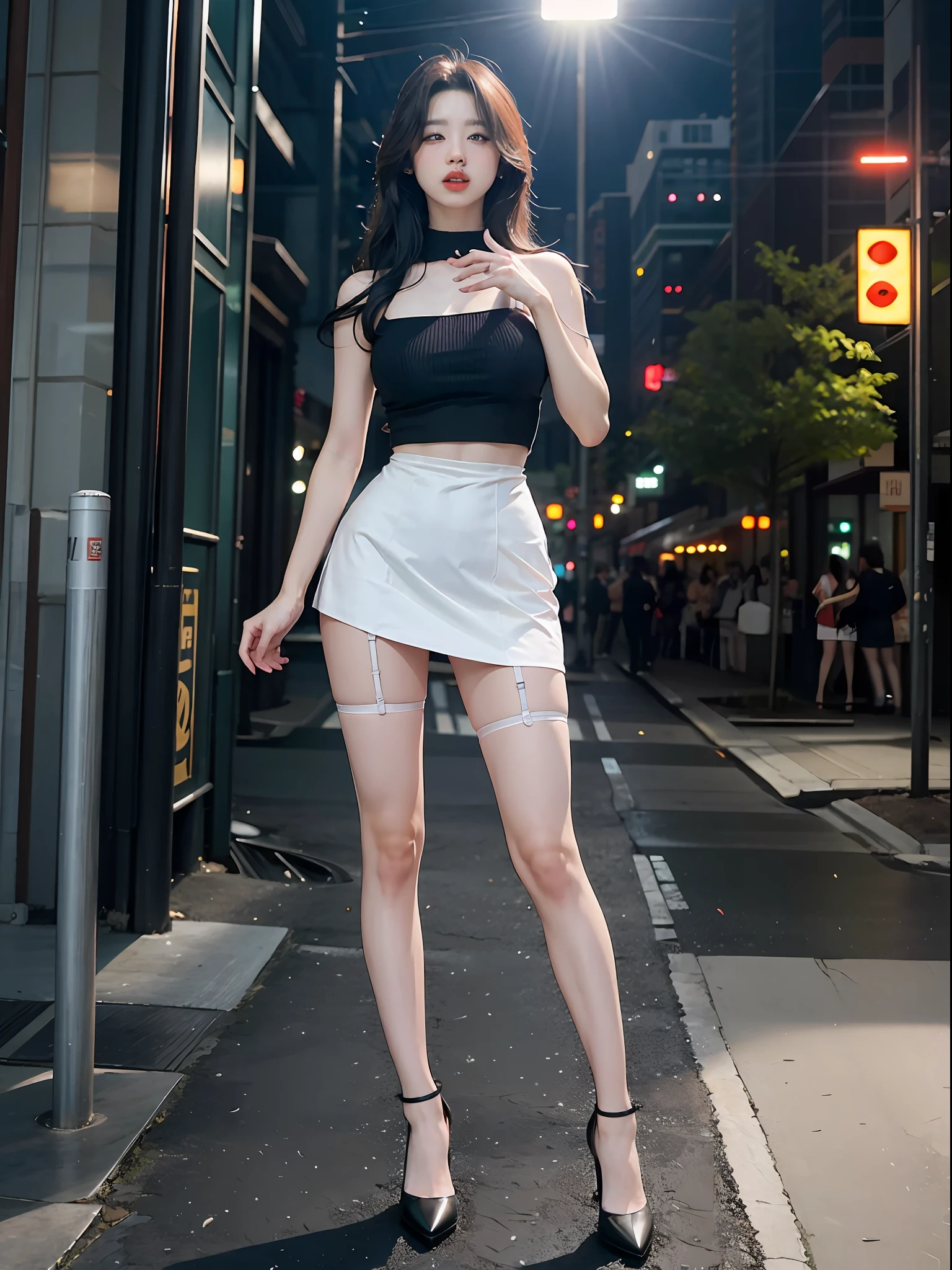 white clothes,Skirt that wraps hips,black lence stockings,high-heels,Amazing lighting,cinmatic lighting,the street,(best qualtiy, tmasterpiece:1.4), hoang lap,Ultra-detailed CG 8K, high detal, beauitful face, 详细的脸, 1girll,are standing,, shades, shiny skins, tilt of the head, Stand still, blooms, light particules, depth of fields,