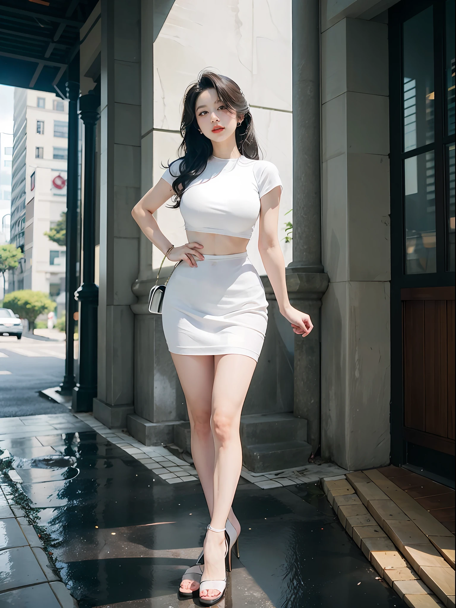 white  clothes,Skirt that wraps hips,black lence stockings,high-heels,Amazing lighting,cinmatic lighting,the street,（best qualtiy， tmasterpiece：1.4）, hoang lap,Ultra-detailed CG 8K， high detal， beauitful face， 详细的脸， 1girll,are standing,， shades， shiny skins， tilt of the head， Stand still， blooms， light particules， depth of fields，