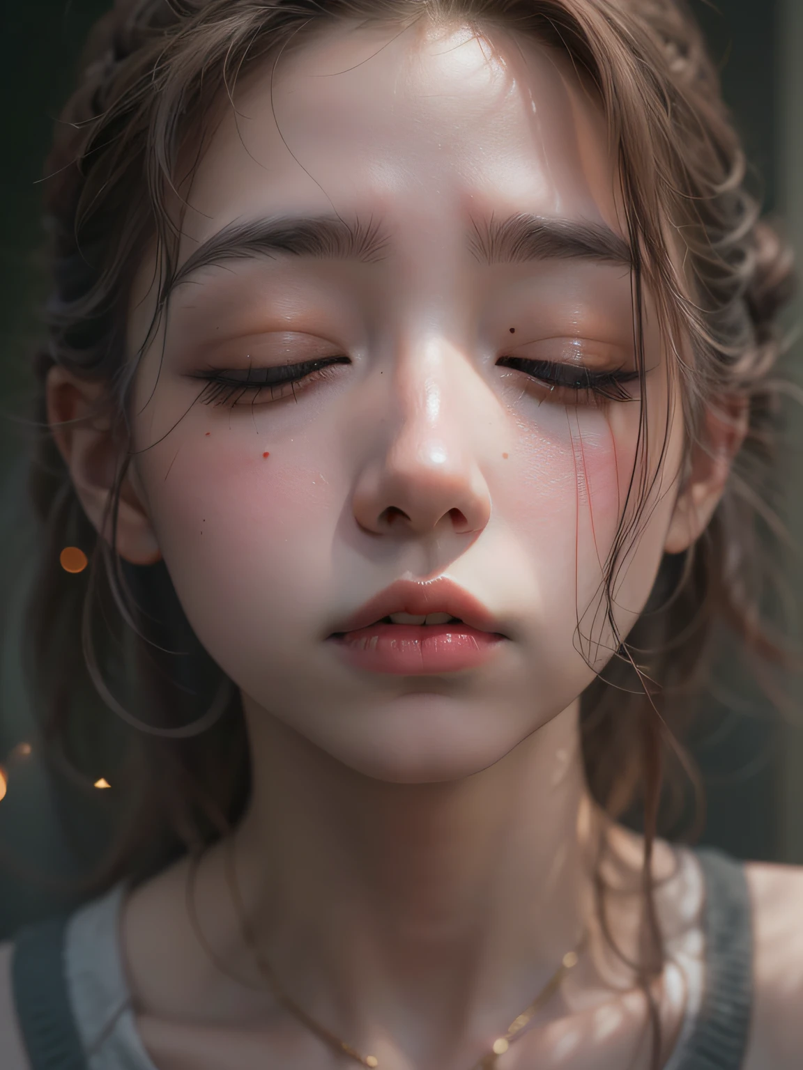 8k、Raw photo、(masuter piece)1.5、(top-quality)1.5、Hi-Res、Looking Up,(girl with)、(realisitic、Photorealsitic:1.5), (Close eyes):1.0, (Open mouth):1.5 Real numbers、Upper body、brown hair,Sleeveless、skinny、14years((small tits))1.8、Eyes closed、Deep sadness、Sorrow、look up sky、screeming、Bedrooms、Background blur