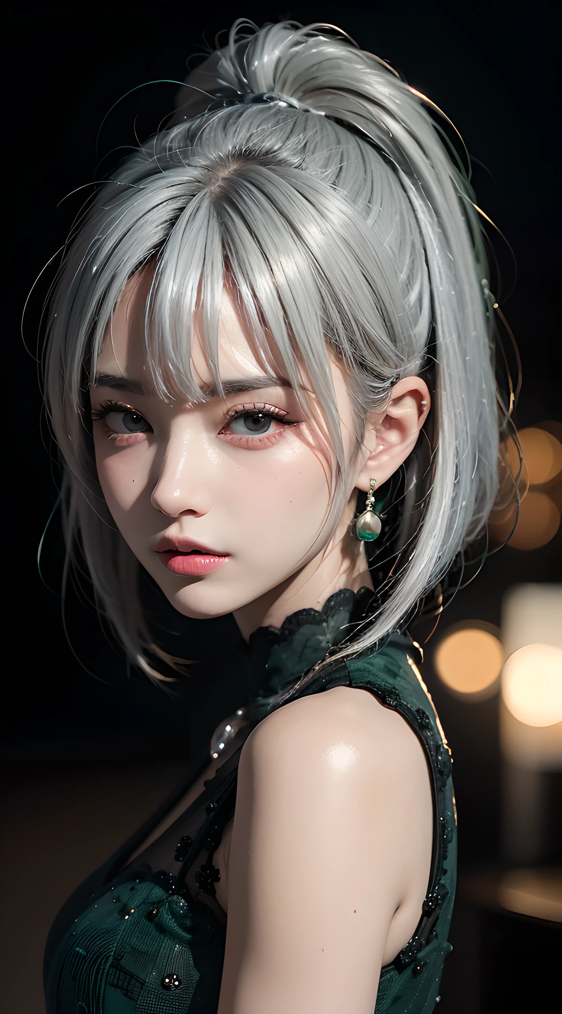 (masterpiece, best quality:1.5), night, dark theme, (platinum hair, upper body, looking at viewer, dark green dress:1.3), candid pose, earrings, necklace, (violaceaess, gardeniass, delicate girl, 8k, 85mm portrait, official art, raw photo, absurdres, short sleeve, cinch waist:0.8), sophisticated, (facelight, clear lighting, sharp focus:0.8), redish pink lips, bokeh background, detailed eyes and face, close up face