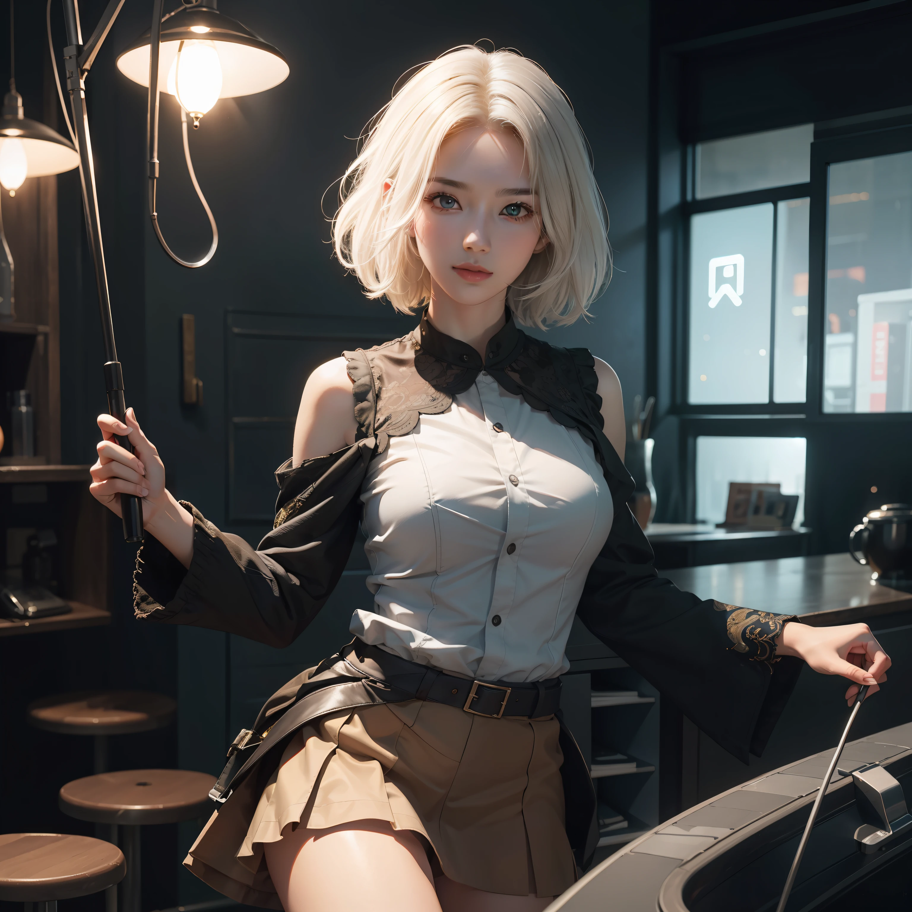 short  skirt，jk，Raised sexy，（photograph realistic：1.4）， （Ultra photo realsisim：1.4）， （realisticlying：1.3）， （Smoother lighting：1.05）， （increase cinematic lighting quality：0.9）， 32K，Asian people，realistic illumination，The light from the back window is backlighted，light in face，Ray traching，（Brighten light：1.2），（enchanced quality：1.4）， （Best quality real textured skin：1.4），Fine Detailed Eyes，finerly detailed face，finely quality eyes， （fatigue, lethargy, Satisfaction：0.0），closeup of face，（Increased Body Line Mood：1.1），（Increases skin texture and beauty：1.1），with short white hair，femele