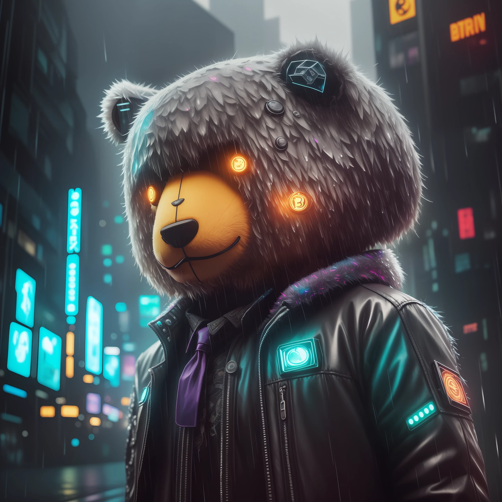 Create a breathtaking masterpiece with stunning effects, plush teddy, usando colar de bitcoin, wet, (cyberpunk:1.1), rain, epic realistic, rutkowski, hdr, intricate details, hyperdetailed, cinematic, rim light, muted colorsde