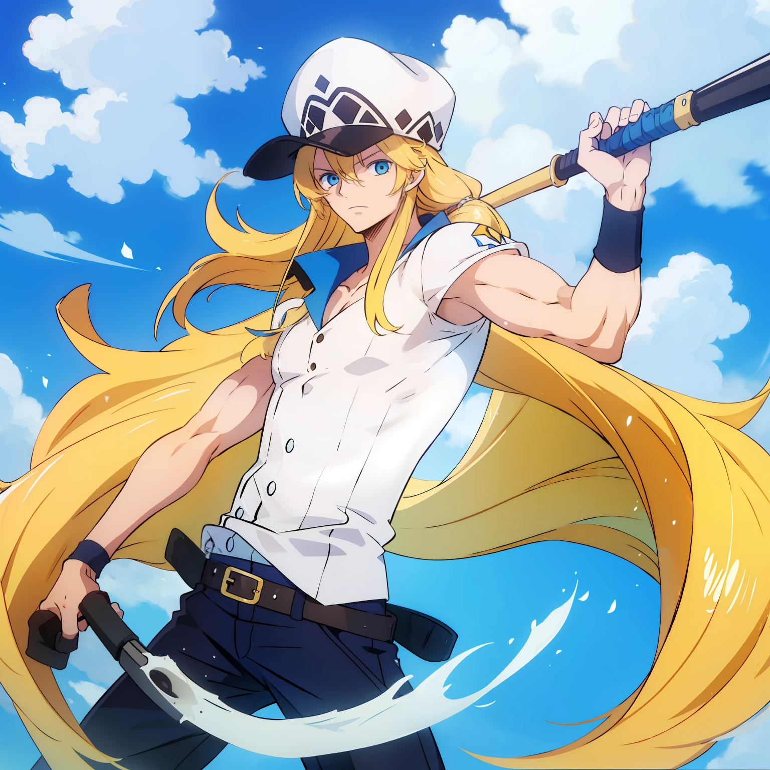 A handsome young man, defined body, long blonde hair, blue eyes, explorer's hat, holding a baseball bat