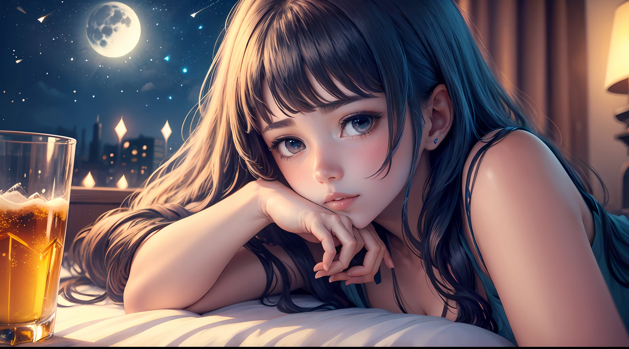 Anime girl lying on bed，One arm extended，Raise your hand，Tap the invisible glass with your finger, Put your point of view in hand, And create detailed close-ups of hands, Detailed hand close-up， Stars and moon in the background, anime vibes, Os amigos, Cute anime girl, Long hair, vocaloid， A high resolution, 8K, --auto