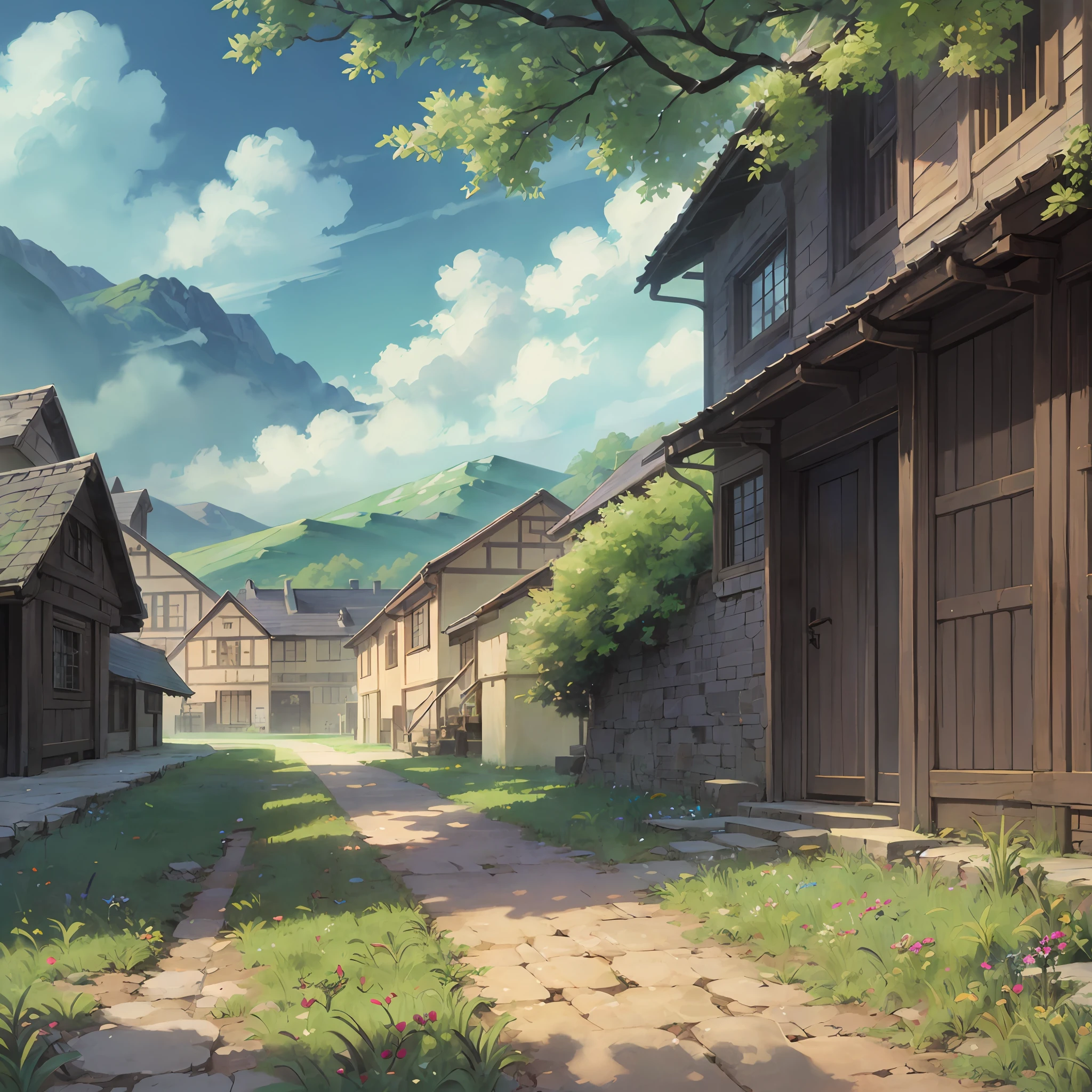 In the style of landscape、Guibli、Sky and clouds、Brush Touch、sky line、light and shadows、Delicate drawing