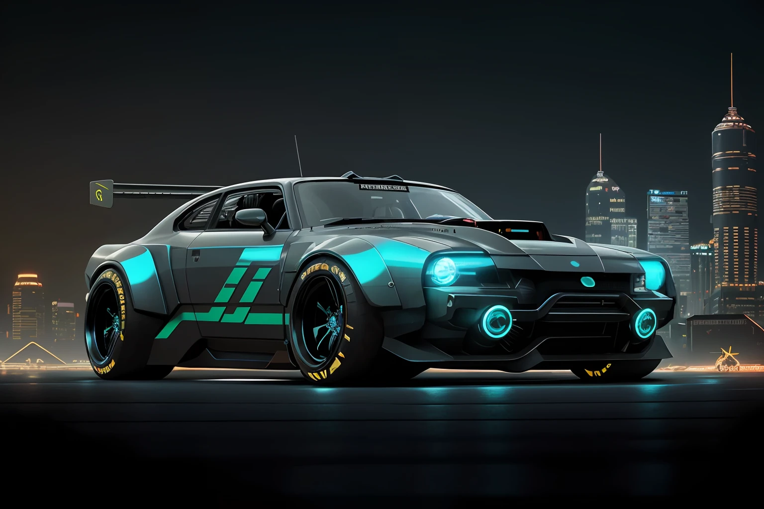 a 3/4 front view of ((futuristic cyberpunk hotrod zeekars)) (with glowing tires), neon glow , cyberpunk muscle car, lighting storm in the background, Black and ((dark blue)), in cyberpunk city, ((badass))