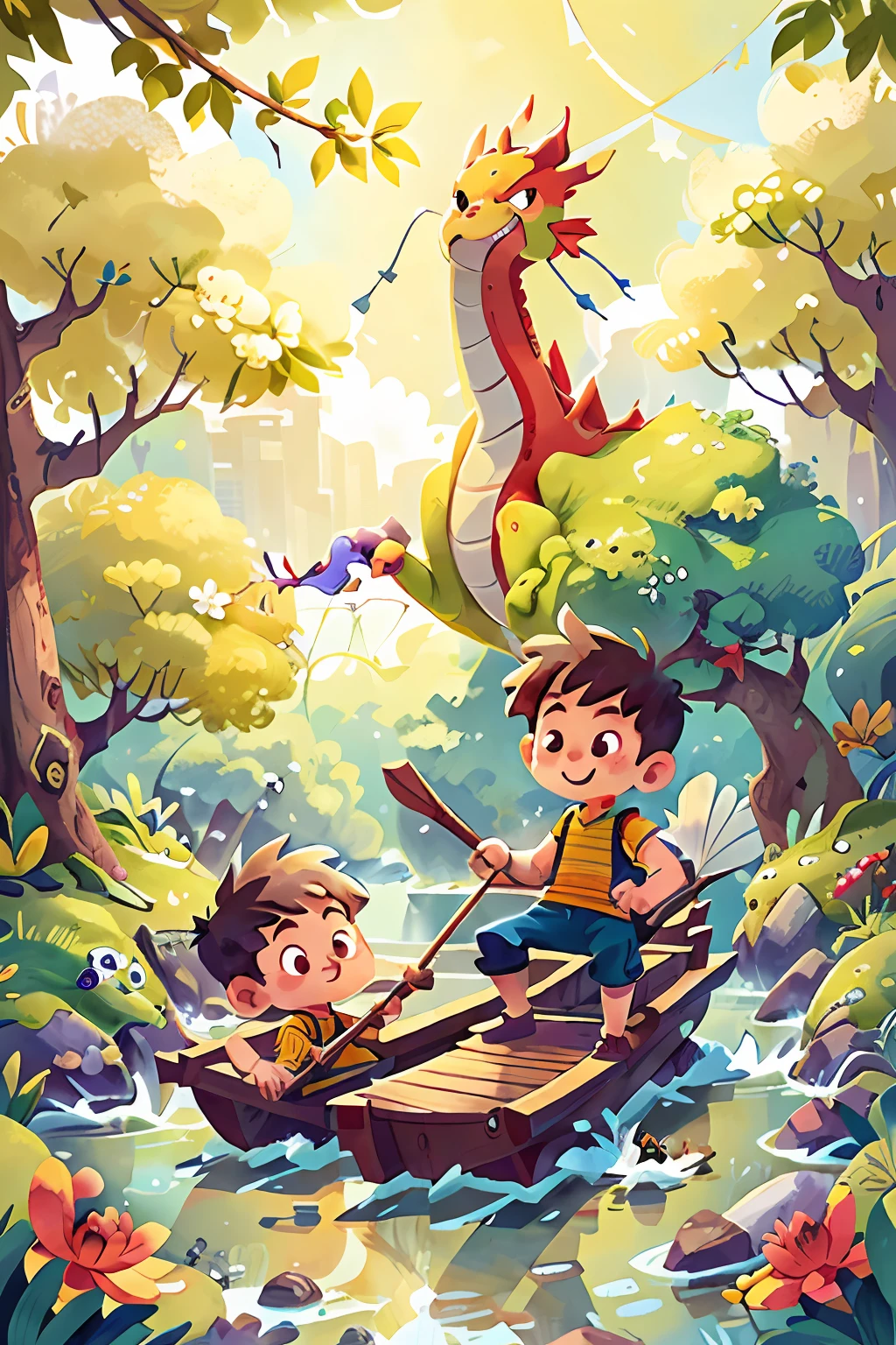 Poster design, (SFW), two rowing boys, Chinese dragon, spring outing, happy, background is a small river interspersed in Chinese street, perfect quality, clear focus, colorful, perfect face, intricate details, ultra-low viewing angle, wide angle lens, happy
