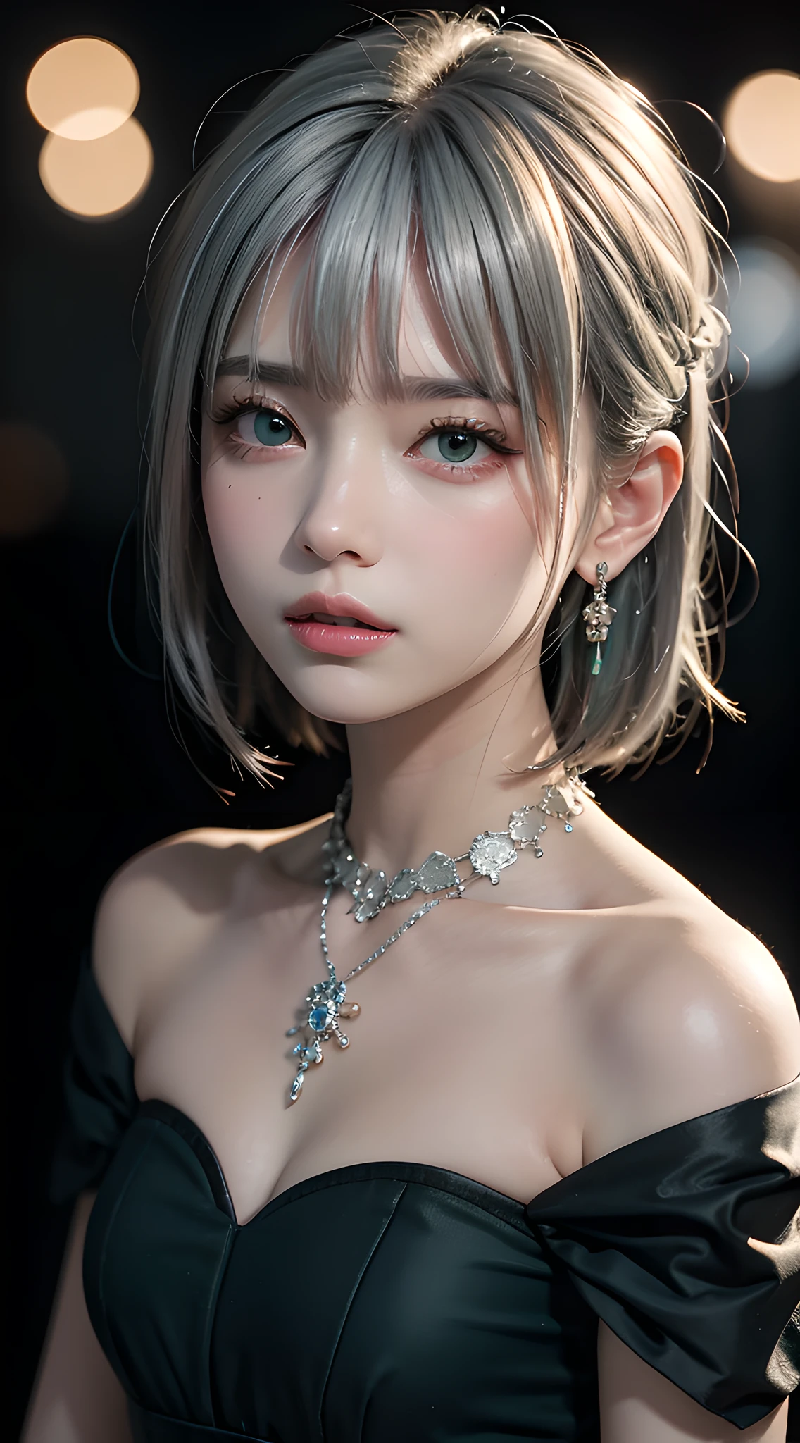 (masterpiece, best quality:1.5), night, dark theme, (platinum hair, upper body, looking at viewer, dark green dress:1.3), candid pose, earrings, necklace, (violaceaess, gardeniass, delicate girl, 8k, 85mm portrait, official art, raw photo, absurdres, short sleeve, cinch waist:0.8), sophisticated, (facelight, clear lighting, sharp focus:0.8), redish pink lips, bokeh background, detailed eyes and face, close up face