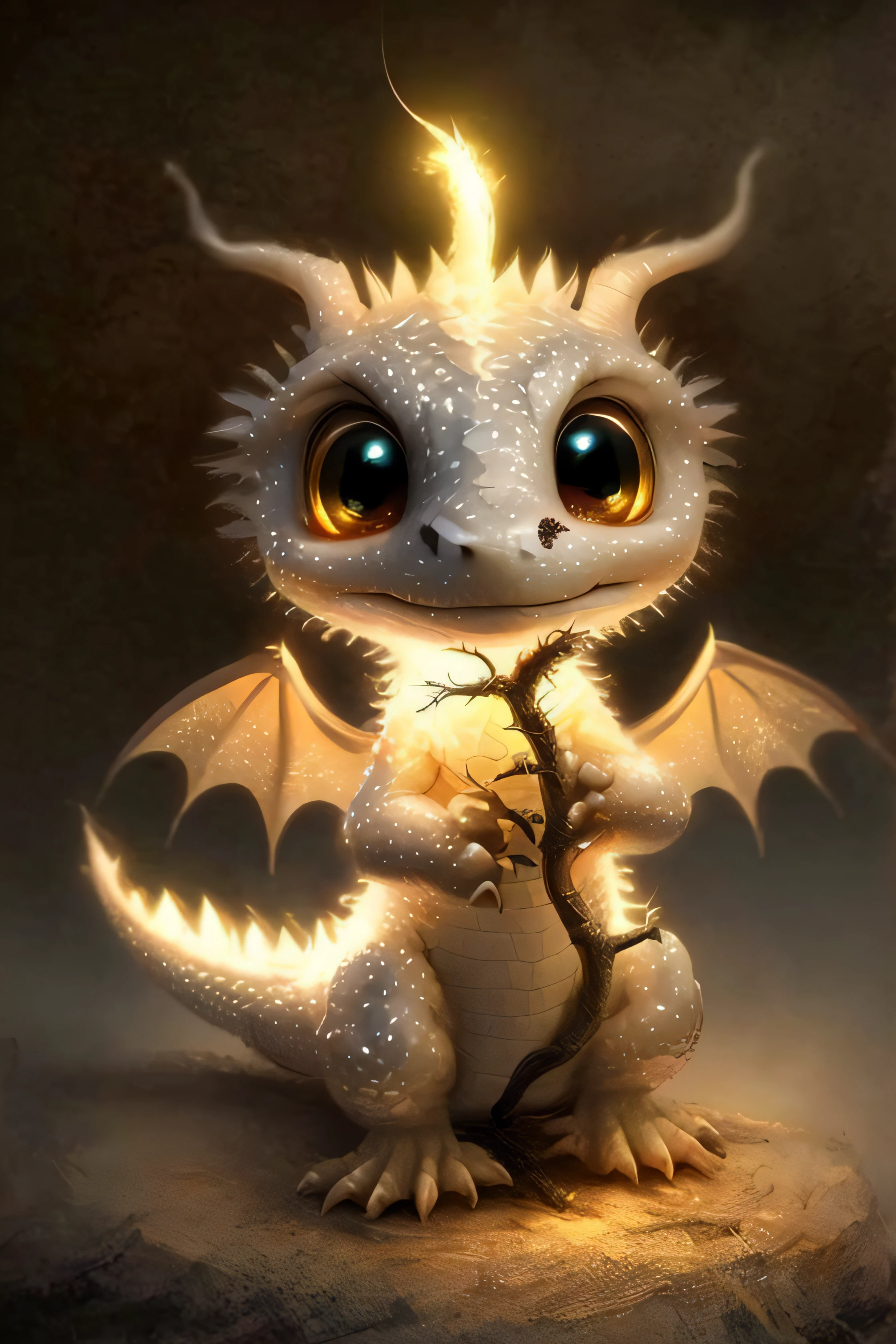 A white dragon，eyes glowing，tree branch, cute little dragon, newly hatched dragon, adorable glowing creature, soft delicate draconic features, stuffed dragon, as an anthropomorphic dragon, white glowing eyes, lovely digital painting, digesting a small dragon, but as an anthropomorphic dragon, beautiful white glowing eyes, a baddass dragon