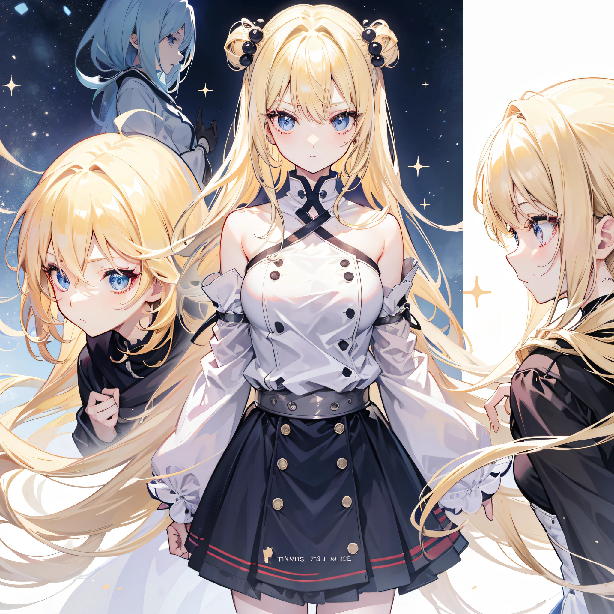 hair bobbles, longeyelashes, solid circle eyes, shy, blonde hair, very long hair, anime, character chart, first-person view, polar opposites, tachi-e, 8k, super detail, ccurate, best quality