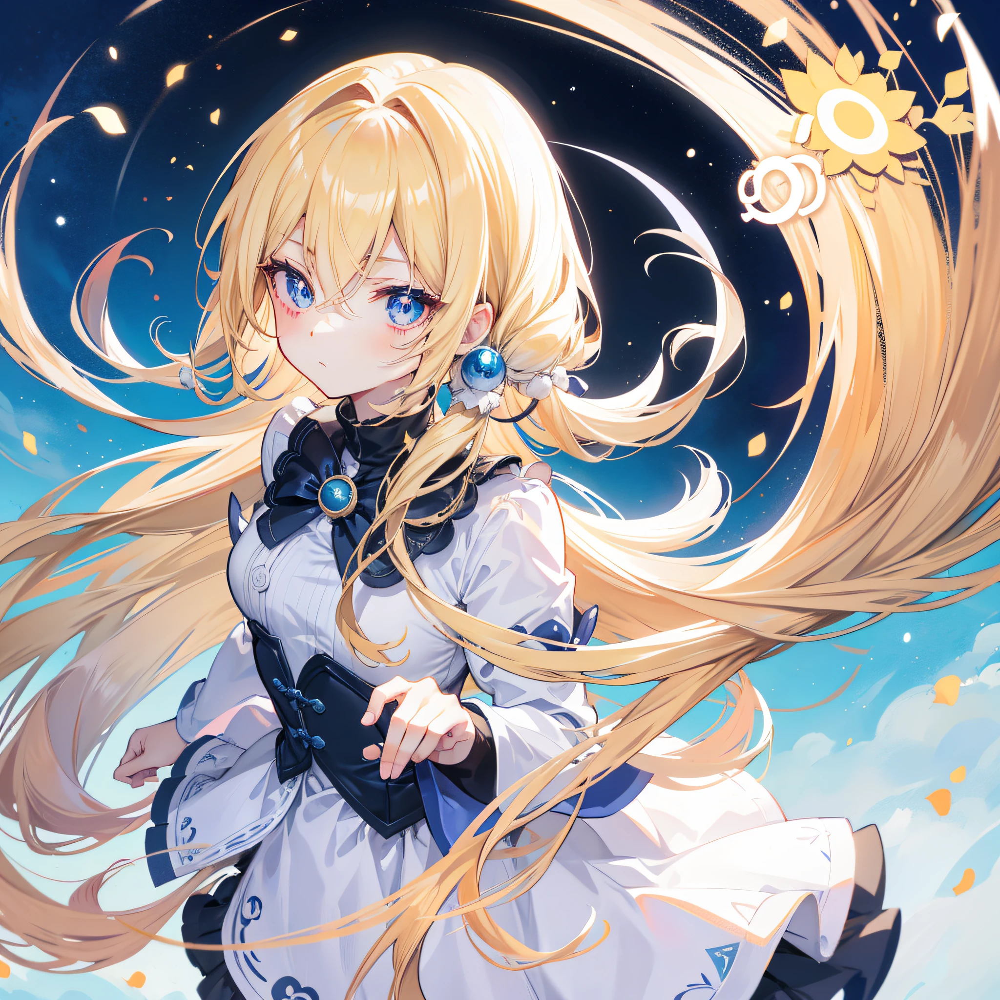 hair bobbles, longeyelashes, solid circle eyes, shy, blonde hair, very long hair, anime, character chart, first-person view, polar opposites, tachi-e, 8k, super detail, ccurate, best quality