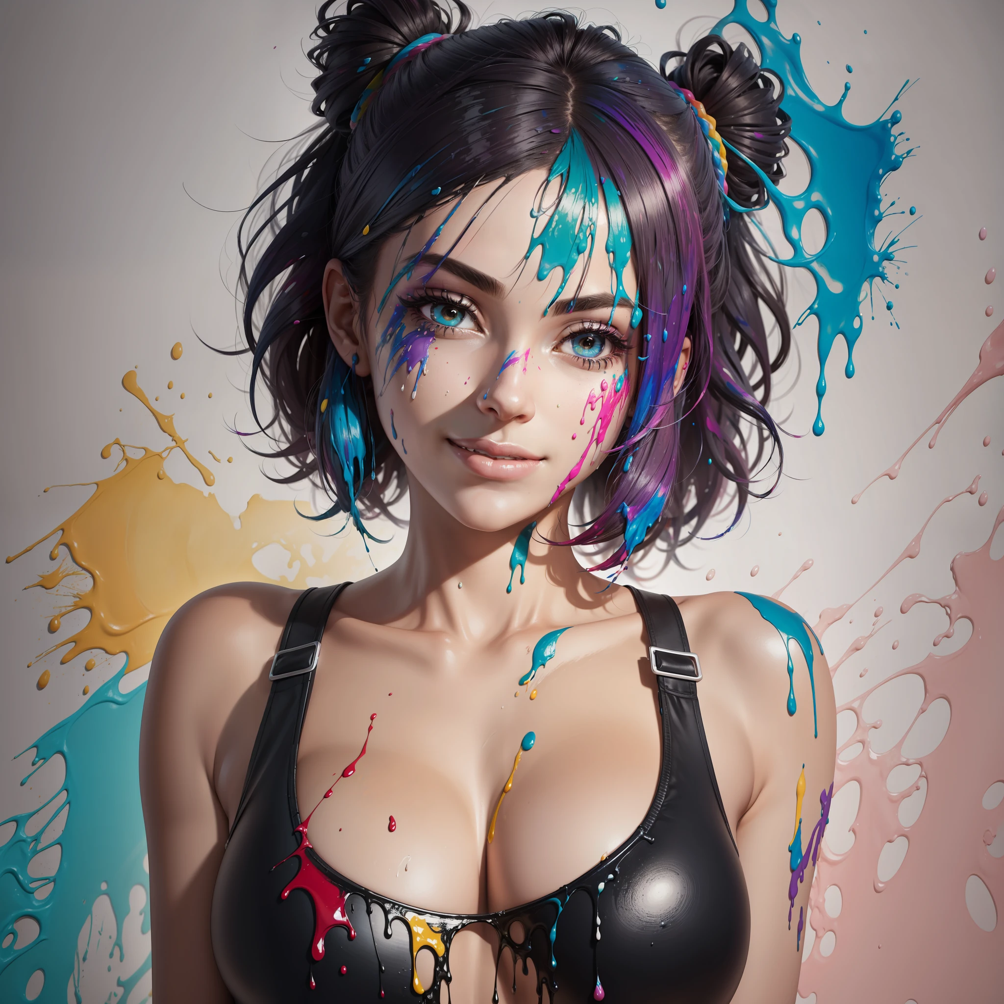 Paint leaking, thick Paint rainbow hair, breasts covered with paint, ((sfw)), calm facial expression, relaxed, ((gentle smile)), ((paint instead of clothes, no clothes)), small breasts, ((relaxed face)), relaxed shoulders, dynamic pose, liquid details, black background, no background, no frame, thick paint splatter, extreme detail, 3d, 8k, details, paint splatter on the face, short voluminous hair,