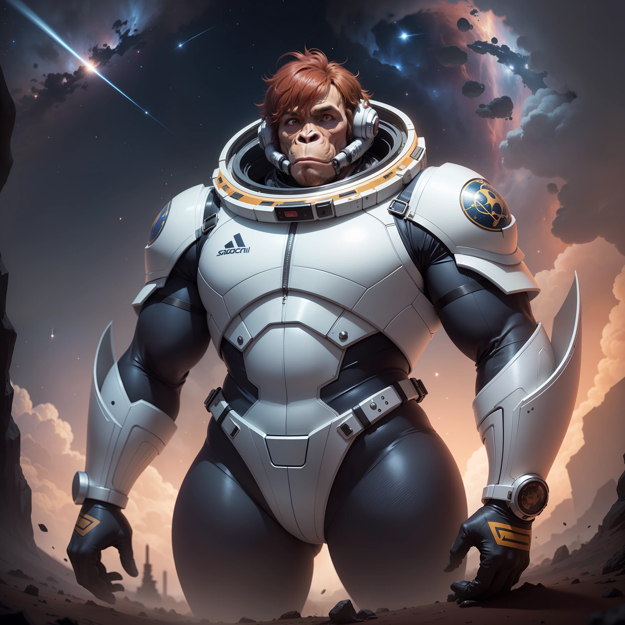 A man standing tall at 6 feet 6 inches, weighing at least 242lbs, wearing a sleek spacesuit, explores the depths of space alongside a majestic orangutan companion.