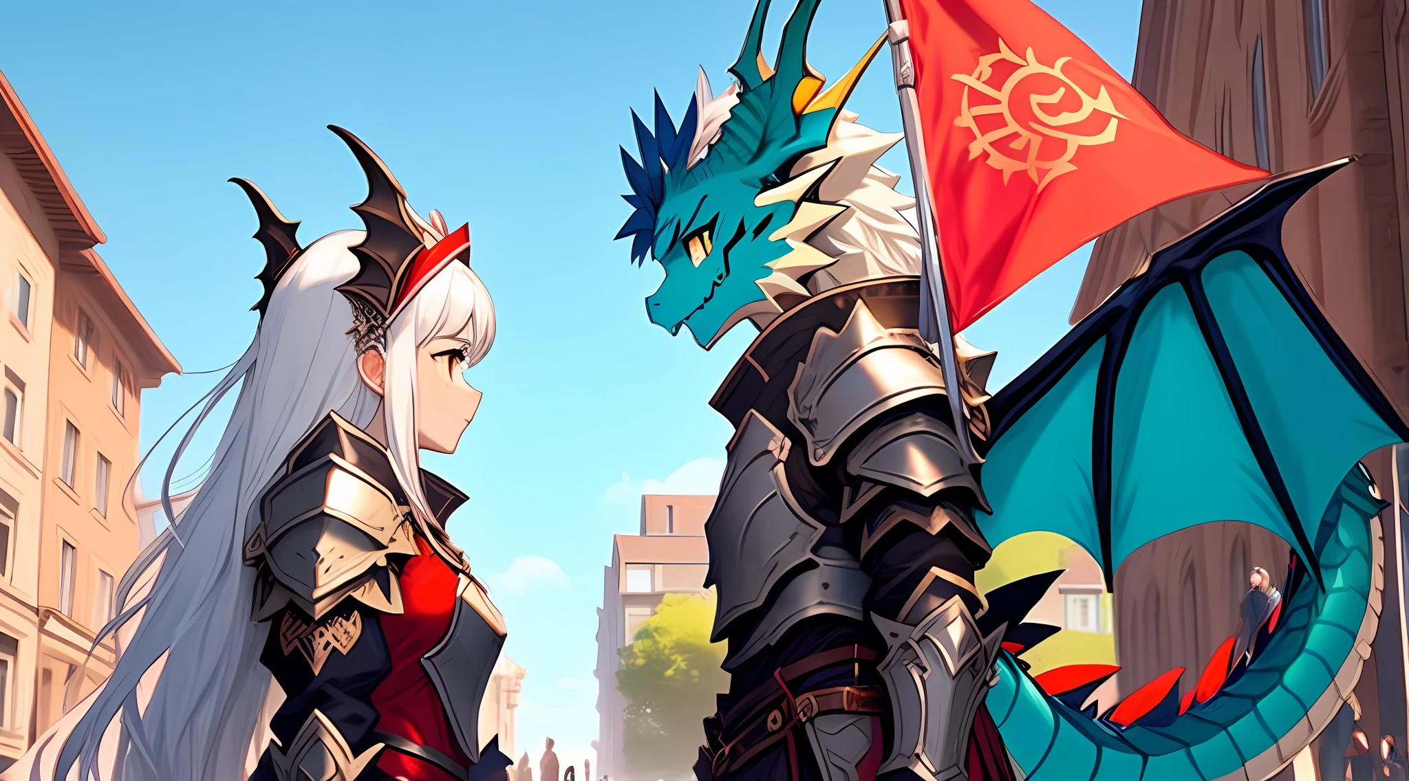 There are two people in total, On the left is a human girl with white hair, The girl on left side has no wings, The girl wears a berets, the girl has human hands, The humanoid dragon on the right side has dragon characteristic as wings dragon claws and tail, On the right is a humanoid dragon, epic sense, The two were dressed in costumes, The armor has a dragon pattern, Similar to Demon Dragon armor, Scaly monolithic armor, Armor similar to plate armor, It has dragon scale decoration, Blue armor inspired by dragons, Like Monster Hunter armor, Fractal ceramic armor features, Stern and mighty, On the streets in the medieval style, Red flags are hung on the buildings, Someone waved a red flag on the roof, eye contact,