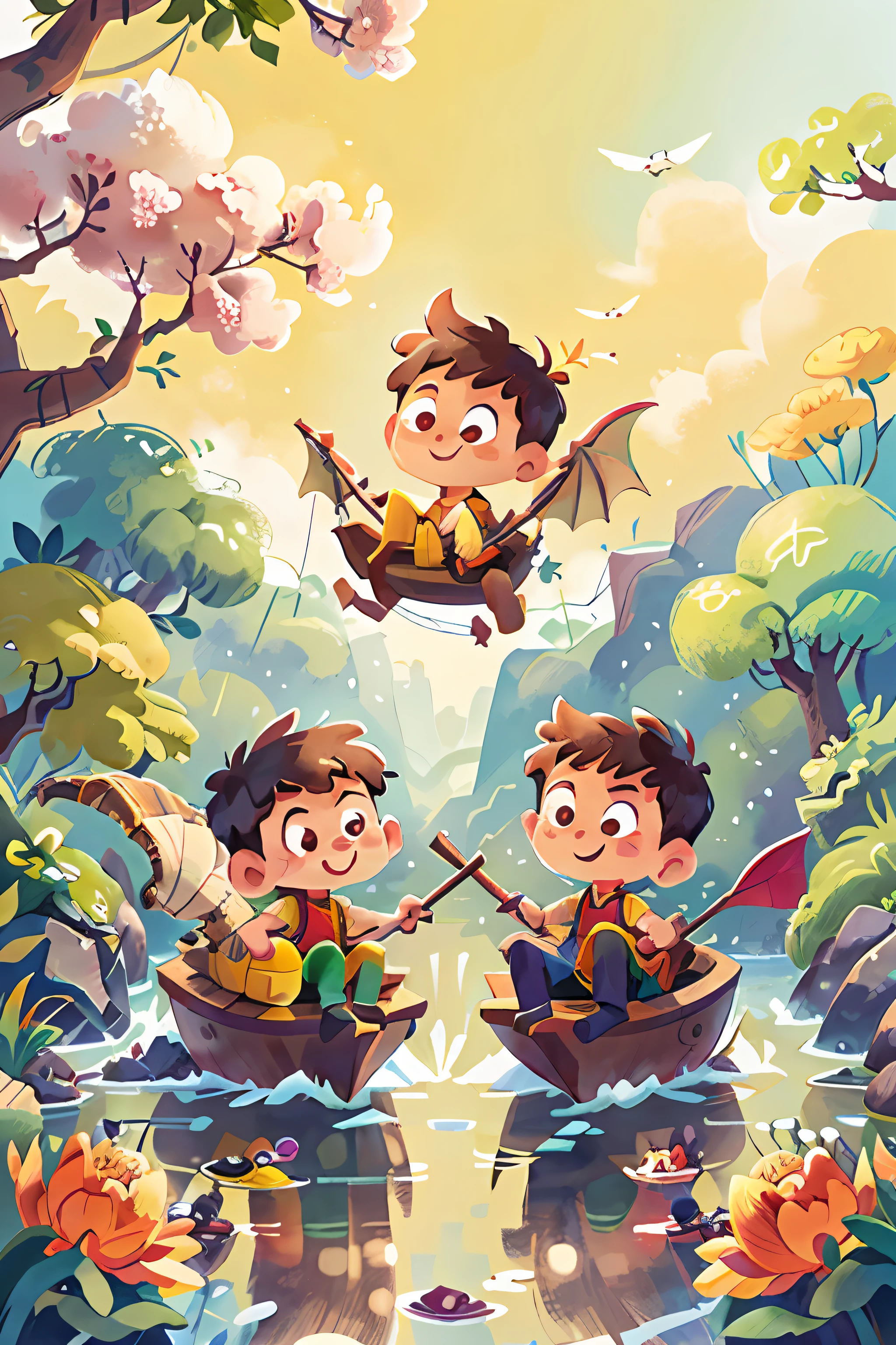 Poster design, (SFW), two rowing boys, Chinese dragon, spring outing, happy, background is a small river interspersed in Chinese street, perfect quality, clear focus, colorful, perfect face, intricate details, ultra-low viewing angle, wide angle lens, happy