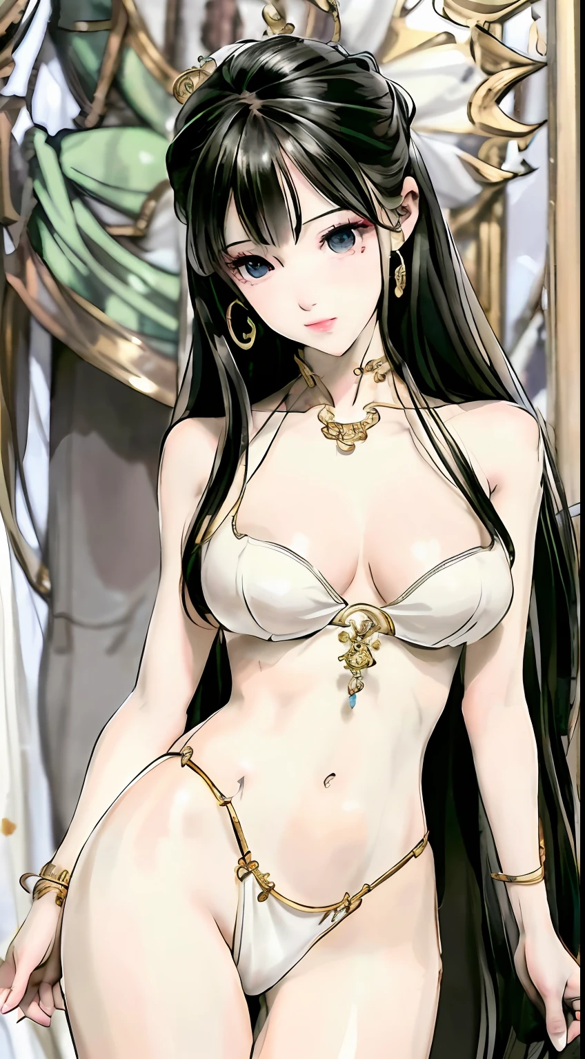 (RAW Photos: 1.2), (Photorealistic: 1.4), (Intricate Details: 1.2), (Masterpieces: 1.3), (Best Quality: 1.4), (Ultra High Definition: 1.2), Cinema Light, Ultra High Definition, (Detailed Eyes), (Detailed Facial Features), (Detailed Clothing Features), See-Through Bra, Japanese Clothing, Beauty, Princess, Queen, Woman in her 40s, Mature Atmosphere, Calm Eyes, Sharp Eyes, Hair Ornament, Gold Necklace, HDR, 8k Resolution, Viewer's Show, Skin Tight, (Shiny Skin), (Slender Girl), Dreamy, Candlelight, White Flower, Thin Waist, (Extreme Detail Illustration), Bedroom, Straight Hair, Long Hair, Black Hair, Light Green Eyes, 1girl, Cute, Innocent, (Smile), (Innocent Smile), Slender Body, Indoors, Breasts, Big, Super Big, Beautiful Nits, dynamic_color_range, Full Body, Standing Pose, Detailed Gold Cloth Texture, Detailed Face Texture, Perfect Body, (Big), Hiqcgbody,