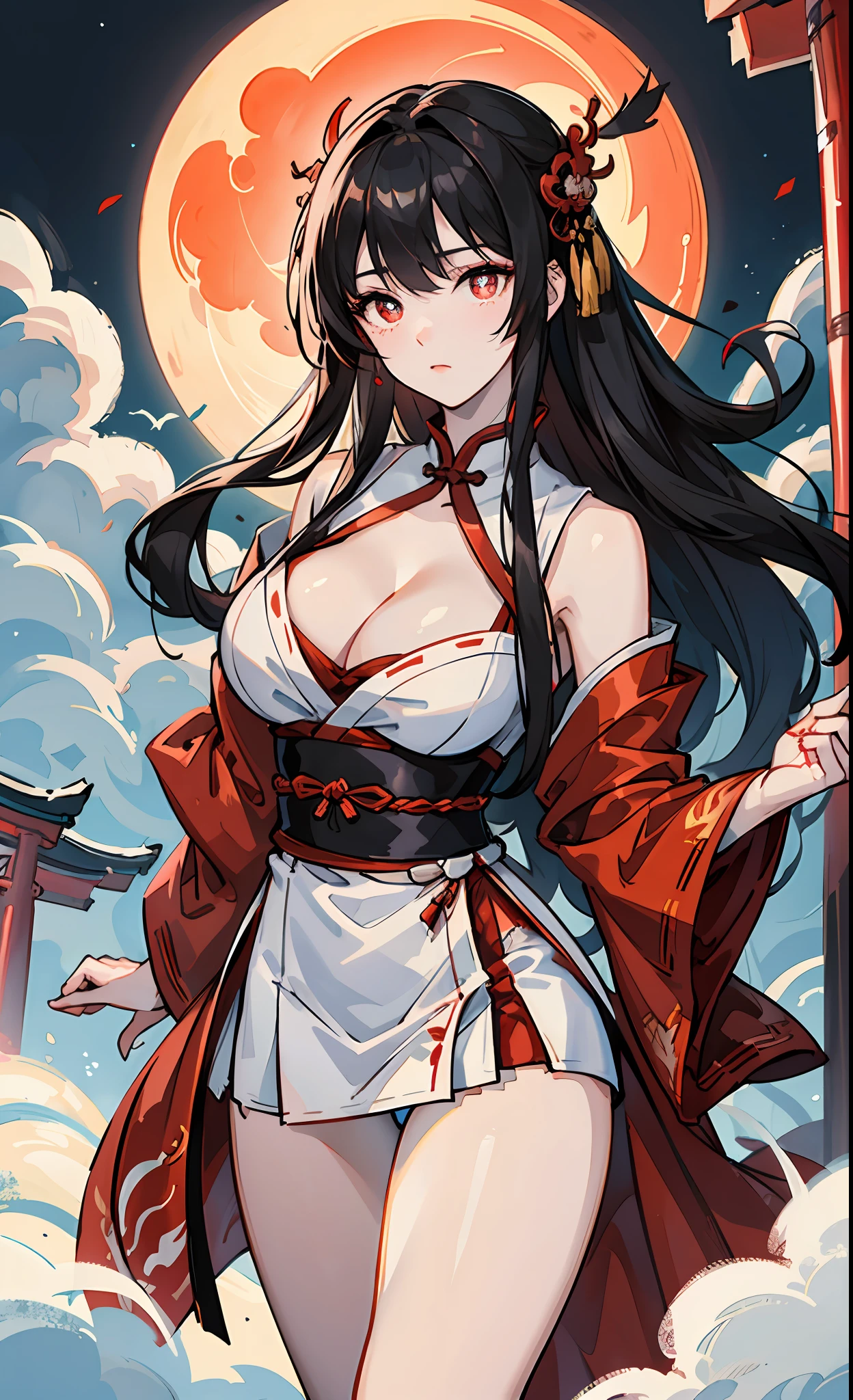 A MILF、A dark-haired、floting hair、Delicat eyes、red pupils、cleavage of the breast、thighs thighs thighs thighs、white panty、Fushimi Inari、Red torii gate、natta、Moon Night、a moon、heroine、black and red antique damask Hanfu、FOV、f1.8、masterpiece、complex scenes、Gorgeous portrait shots