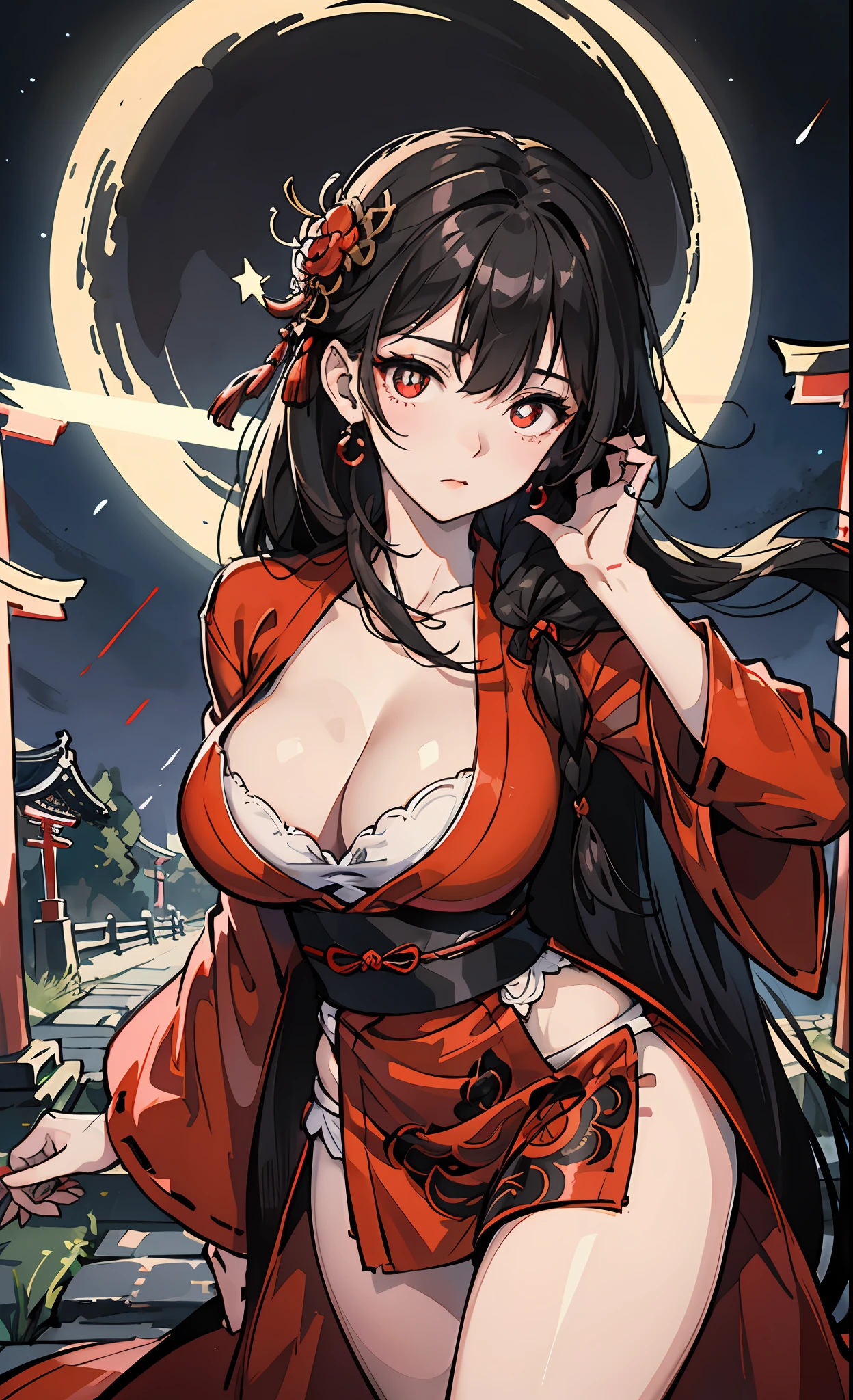 A MILF、A dark-haired、floting hair、Delicat eyes、red pupils、cleavage of the breast、thighs thighs thighs thighs、white panty、Fushimi Inari、Red torii gate、natta、Moon Night、a moon、heroine、black and red antique damask Hanfu、FOV、f1.8、masterpiece、complex scenes、Gorgeous portrait shots