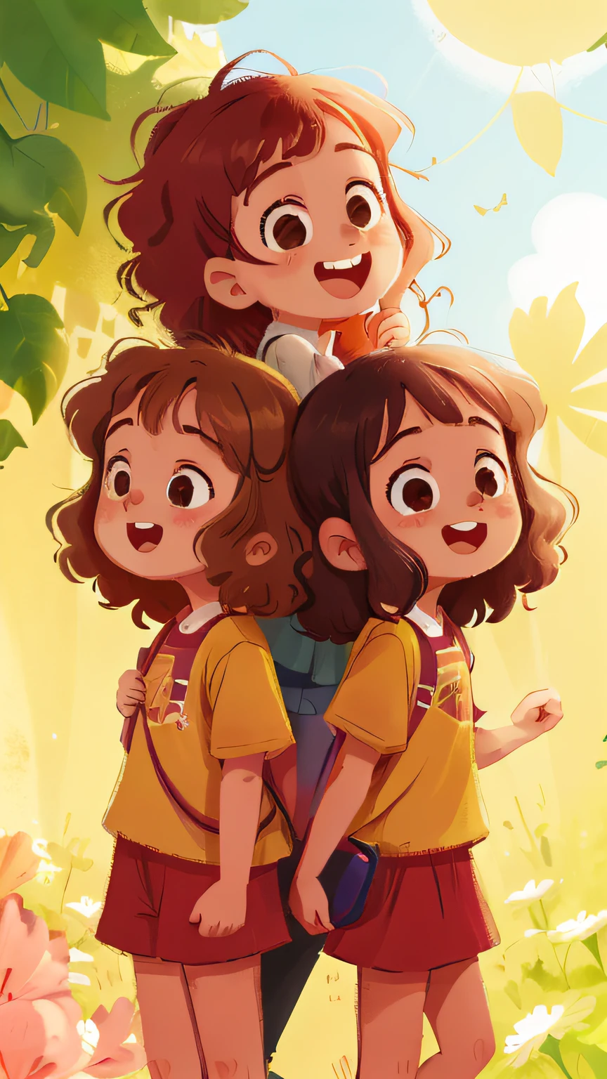 Two girls, twins, curly brown hair, happy