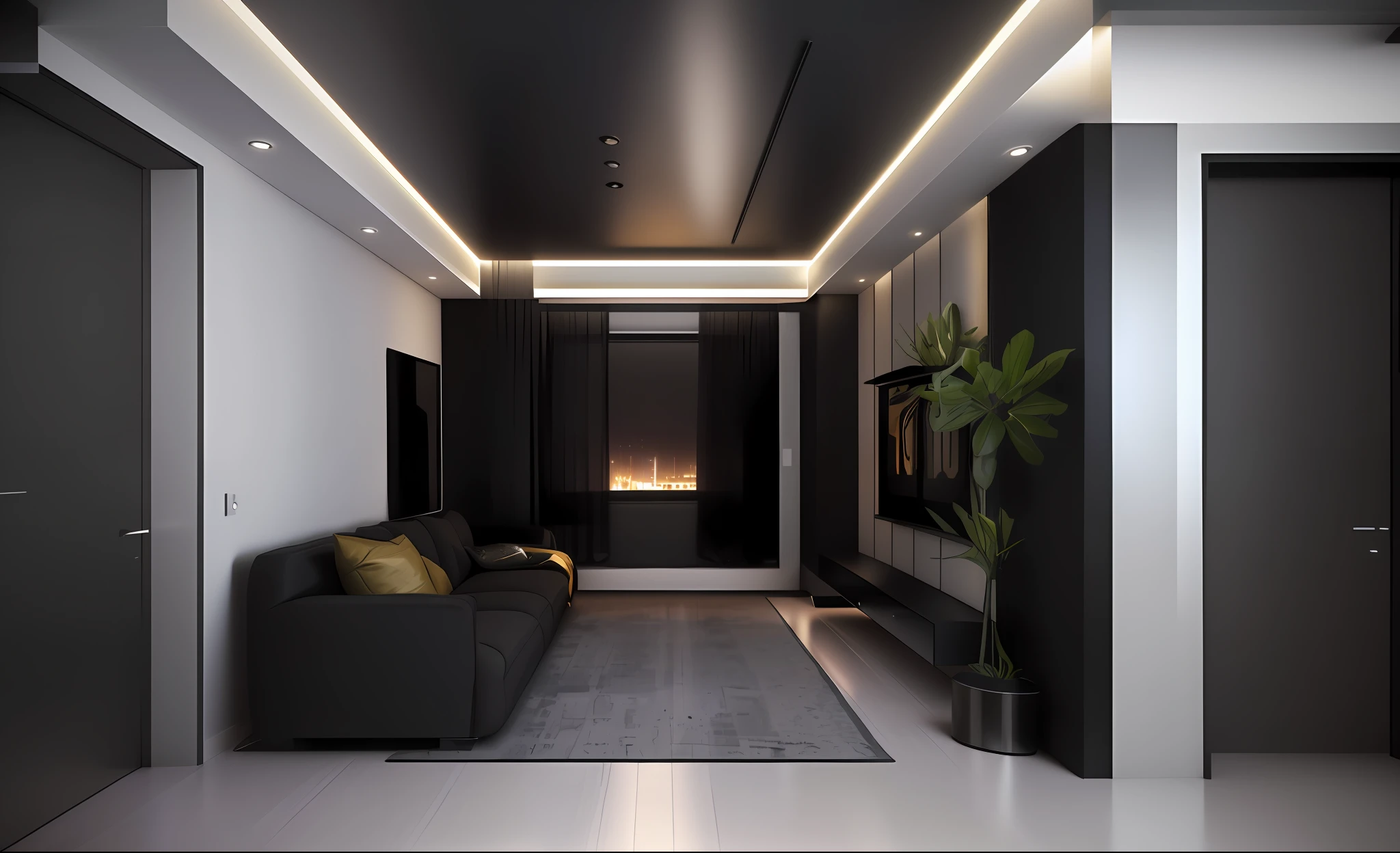 Renderings of the living room with sofa and TV, apartment design, interior living room, apartment with black walls, in style of 3d render, 3 d rendered, 3D rendering of, 3d final render, 3 d finalrender, vue 3d render, a 3D render, 3 d rendered, 3D Unreal rendering, dystopian city apartment