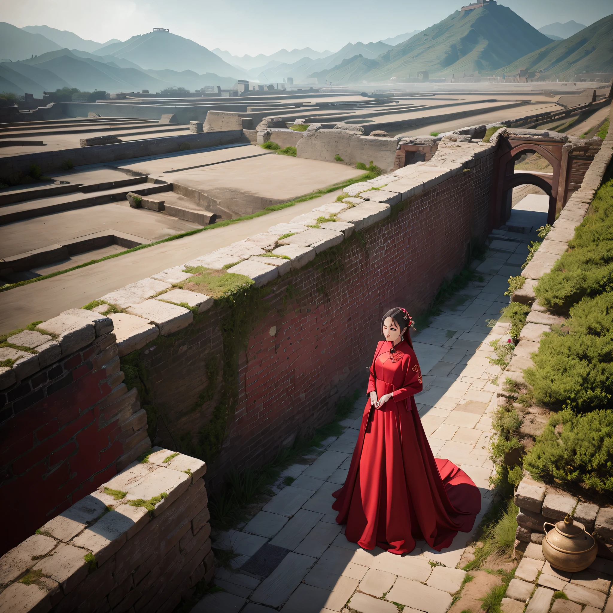 In the courtyard stood a woman in a red dress, towns , A girl in Hanfu, film Silk Road landscape, lady in red armor, ancient ruins behind her, ancient city streets behind her, dressed in a beautiful red cloak, girl wears a red dress,, ancient garden behind her,, Chinese woman,