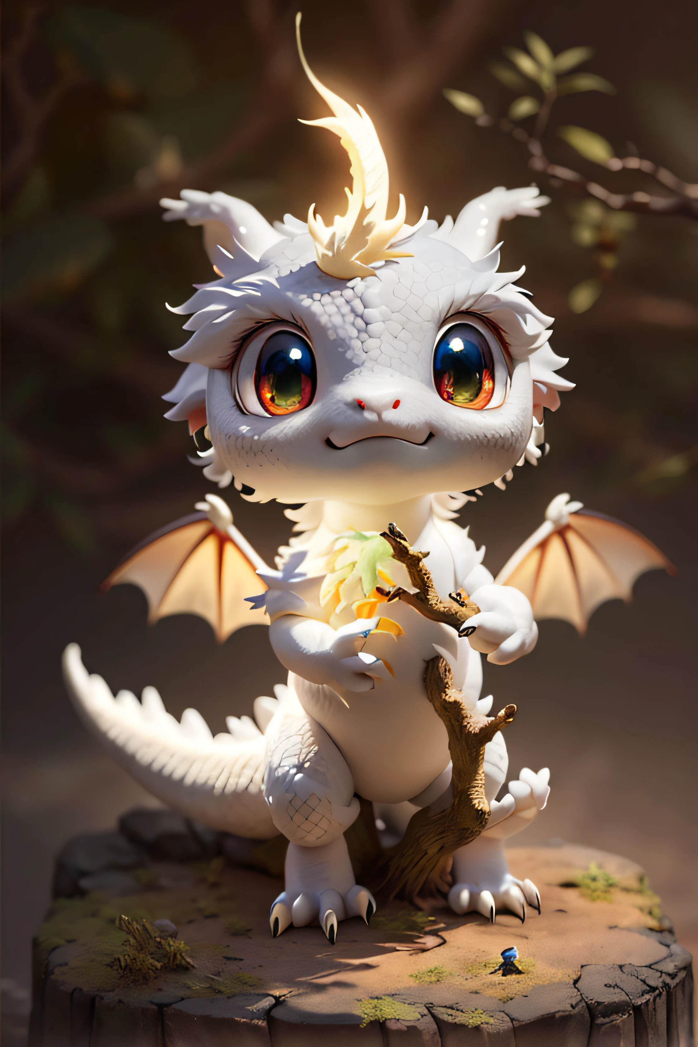 A white dragon，eyes glowing，tree branch, cute little dragon, newly hatched dragon, adorable glowing creature, soft delicate draconic features, stuffed dragon, as an anthropomorphic dragon, white glowing eyes, lovely digital painting, digesting a small dragon, but as an anthropomorphic dragon, beautiful white glowing eyes, a baddass dragon