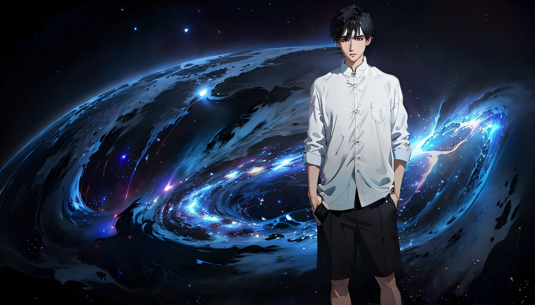 A Chinese man stands in a nebula,Short black hair and black eyes,Wearing a white half-sleeved shirt and black shorts,cool guy,Handsome face,Hands in your pockets,tmasterpiece,Detail HD,high textured,Close up,电影光感,movie picture quality