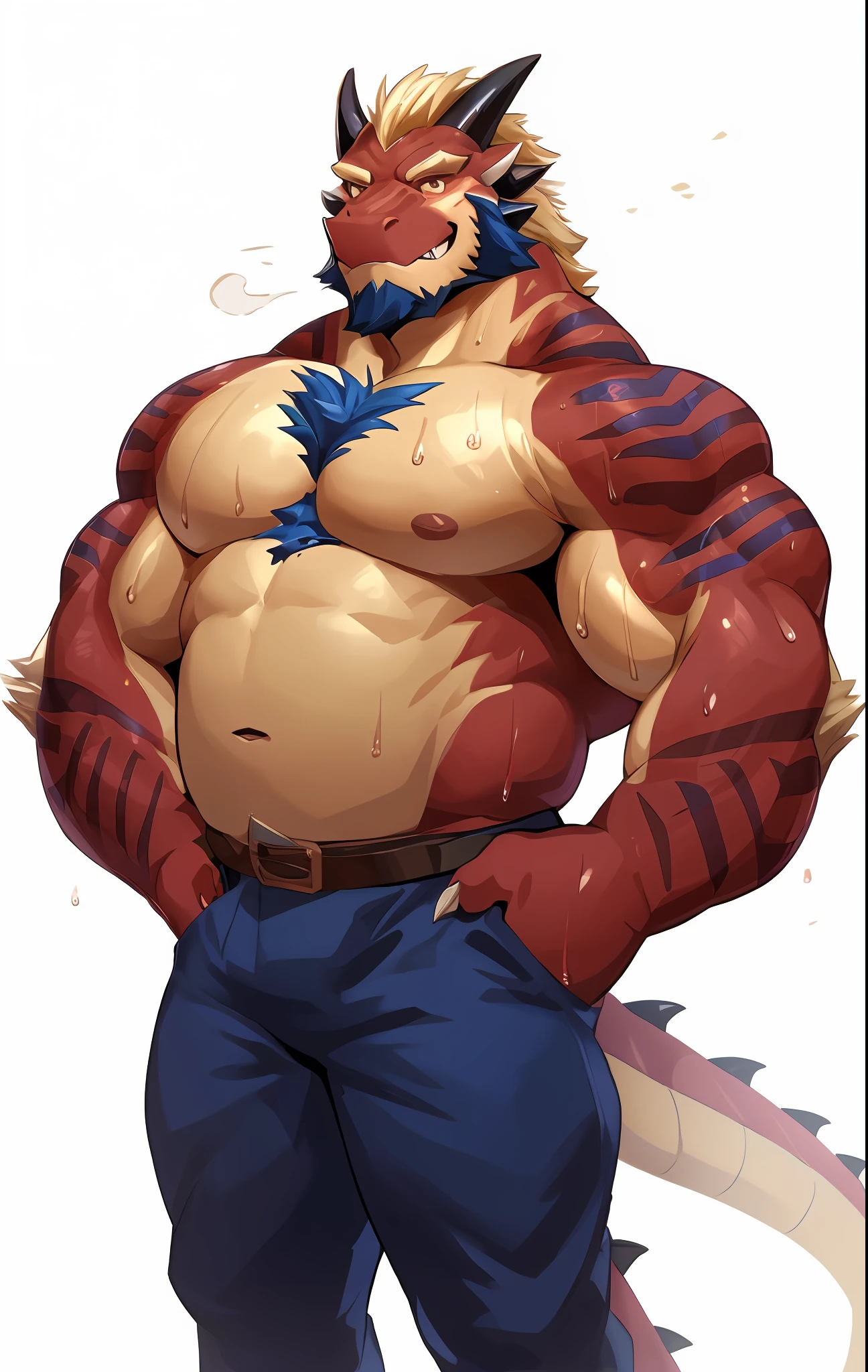 (Morning), 1boy, 独奏, looking at viewert, 夏天, ssmile,((Dragon)),Muscle men,((sbeard)),Middle Age,quality,full-color,extremy detailed, (shirtless),Exquisite painting style,(sweat),(wet),red scale,full body,fat belly,big pecs,big biceps,((blue and crem skin)),front pose.