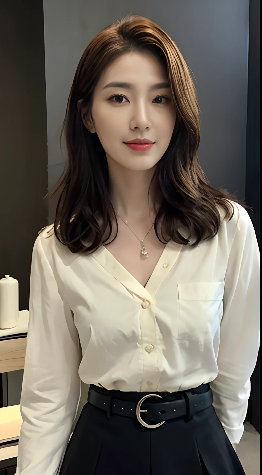 (top-quality、hight resolution)、Tall and cute woman、Slender abs、Dark brown hair styled in loose waves、With the pendant on、White button-up shirt、a belt、Black tight skirt、(Modern architecture in background)、