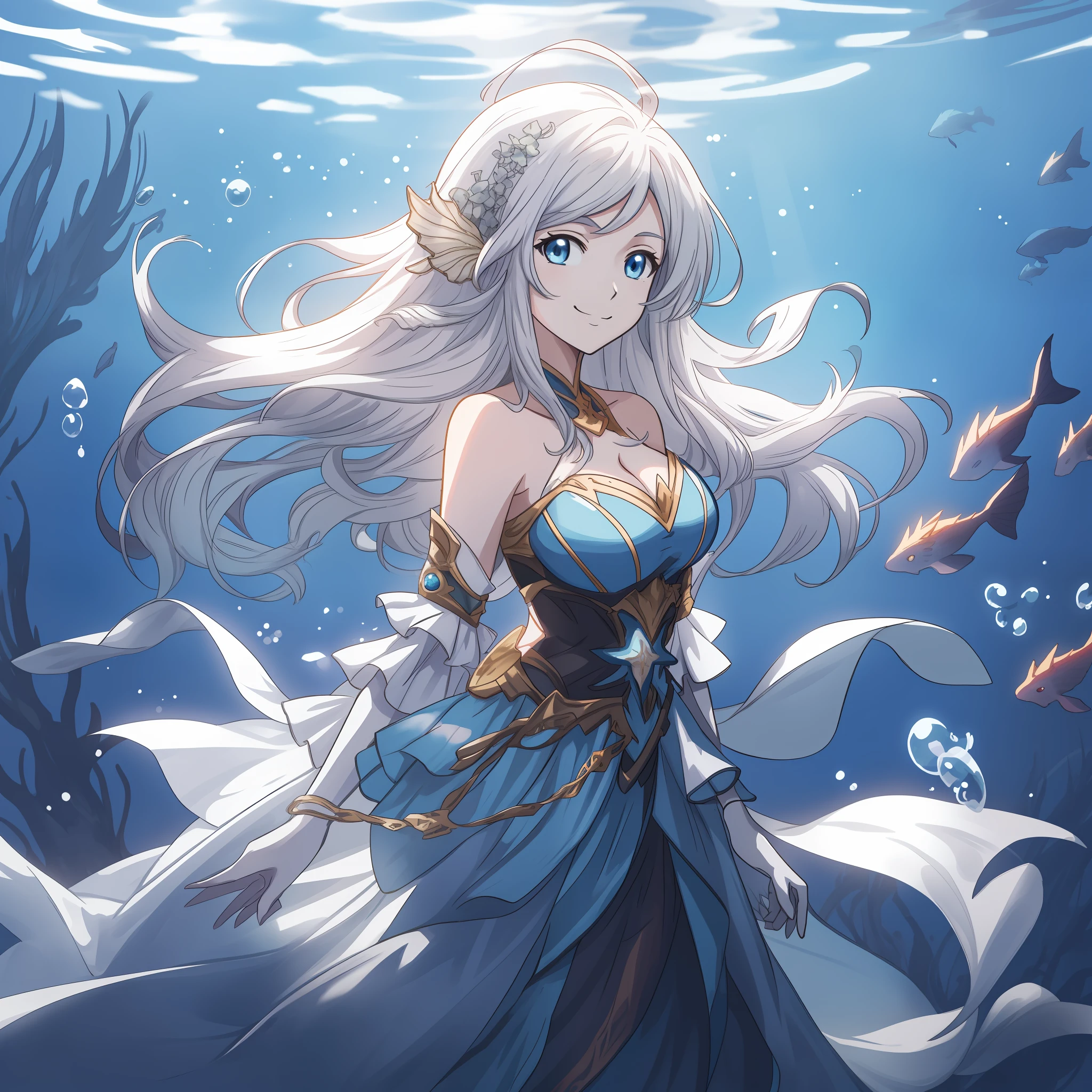 anime girl in a blue dress standing in the water, wallpaper anime blue water, trending on artstation pixiv, granblue fantasy, goddess of the ocean, beautiful fantasy anime, ”beautiful anime woman, detailed digital anime art, anime fantasy illustration, goddess of the sea, beautiful anime artwork, detailed anime art, beautiful anime art, high quality anime art, white hair, mermaid, cleavage, big breasts, sexy,, smiling