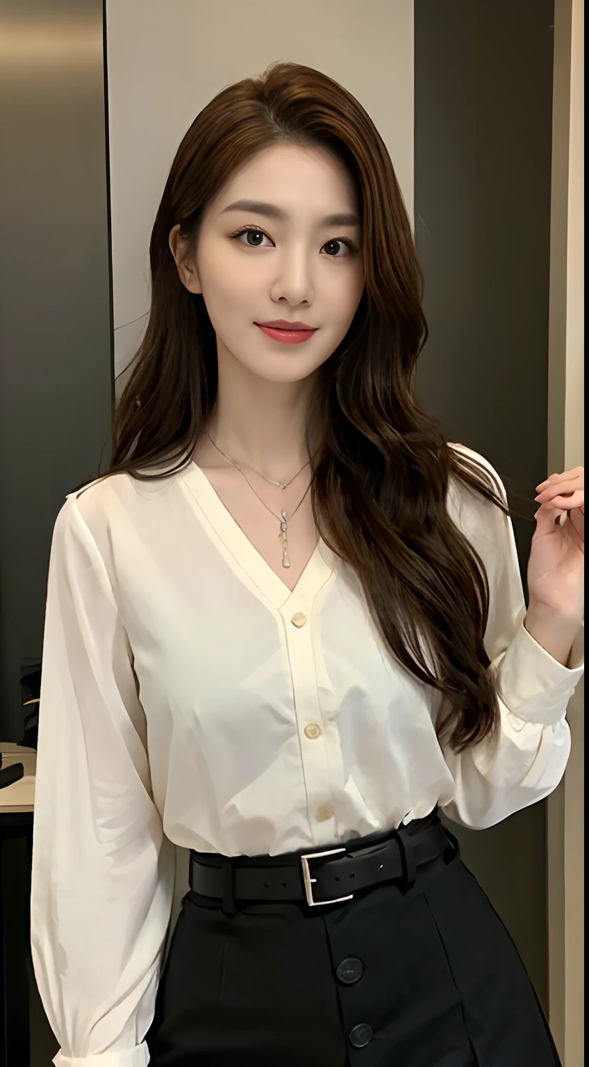 (top-quality、hight resolution)、Tall and cute woman、Slender abs、Dark brown hair styled in loose waves、With the pendant on、White button-up shirt、a belt、Black tight skirt、(Modern architecture in background)、