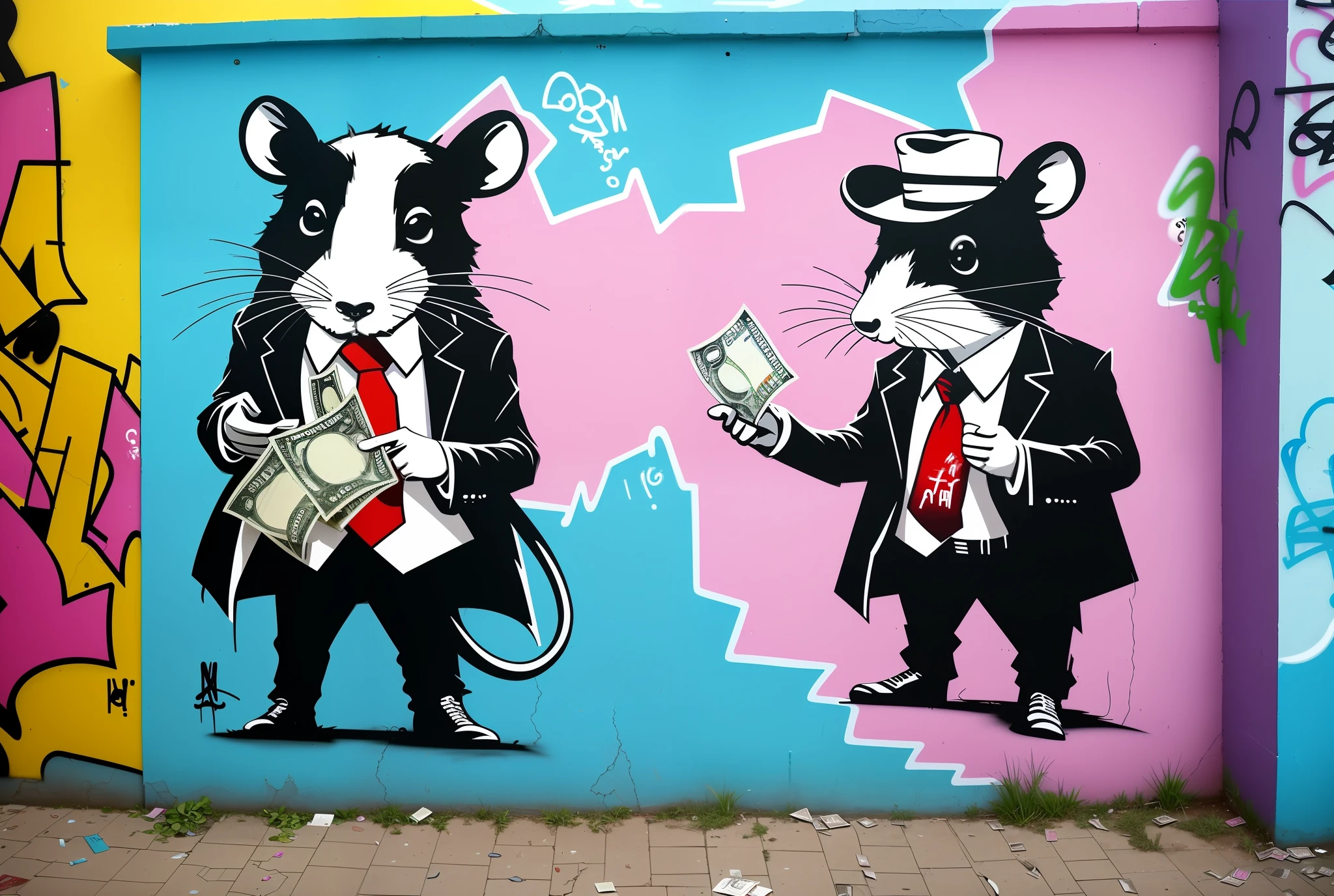 graffiti of a rat with necktie and pile of money , banksy graffiti, inspired by Banksy, urban graffiti banksy, style of banksy, by Banksy, street art, stencil art, modern street art, streetart, stencil, street art:2, spraypainted on a wall, urban art, modern art, street art:2 masterpiece, inspiring art, graffiti on wall