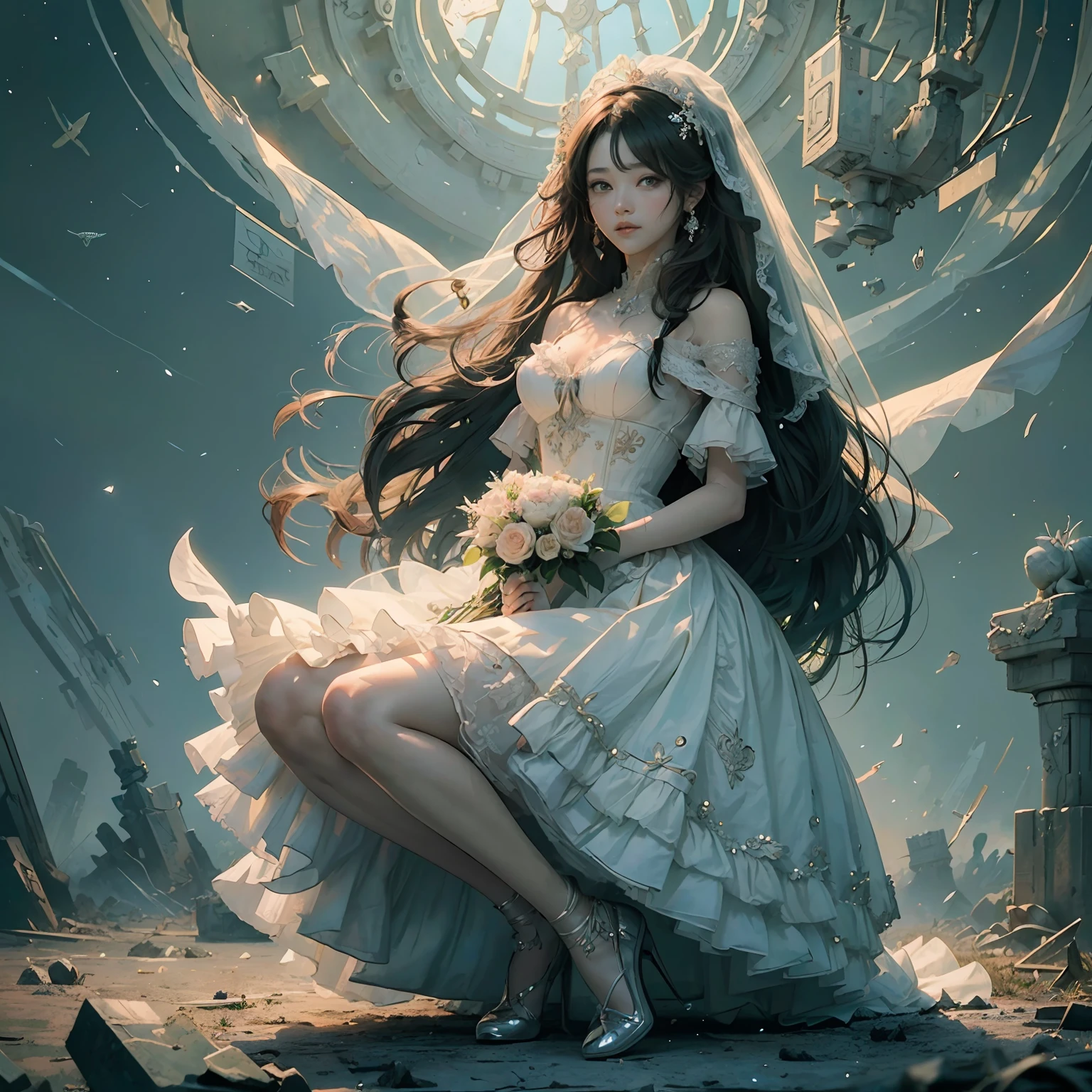 ((of the best quality , masterpiece, illustrations, an extremely delicate and beautiful, extremely detailed ,CG ,unity ,8K wallpapers, amazing, fine details,  masterpiece,of the best quality,official art,Extremely detailed CG unified 8k wallpaper)),long shot,1女孩,独奏, ,Bare shoulders, ulzzang-6500-v1.1,wedding dress, --auto