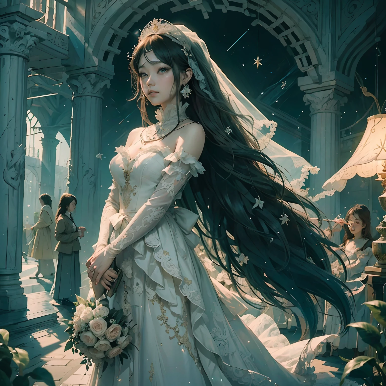 ((of the best quality , masterpiece, illustrations, an extremely delicate and beautiful, extremely detailed ,CG ,unity ,8K wallpapers, amazing, fine details, masterpiece,of the best quality,official art,Extremely detailed CG unified 8k wallpaper)),long shot,1女孩,独奏, ,Bare shoulders, ulzzang-6500-v1.1,wedding dress, --auto