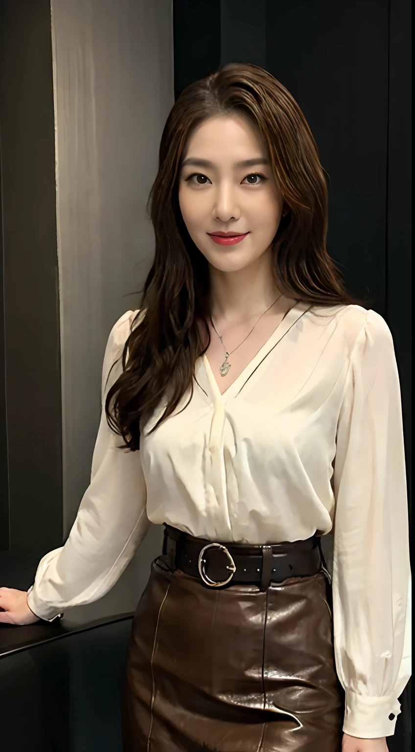 (top-quality、hight resolution)、A Japanese Lady、Slender Abs、Dark brown hair styled in loose waves、Keep the pendant on、Silver Blouse、a belt、leather、Black tight skirt、a room