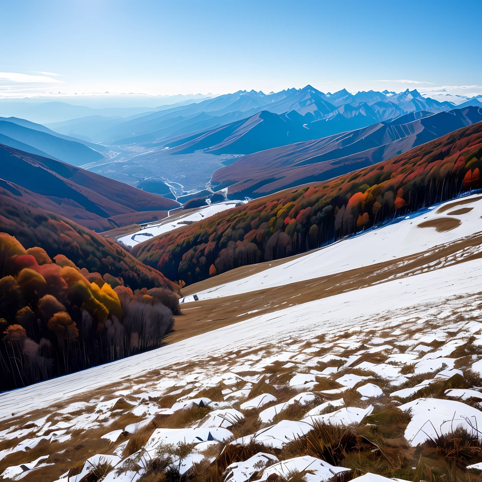 The noon sun shines gloriously，The sky was a cold white of metal，Cut the eye like a knife。It's late autumn，A bird flies like a mountain top，Blackbirds on daylight，Fly to the top height，It's like scratching at the edge of a knife，Screamed，Over the other side of the mountain --auto