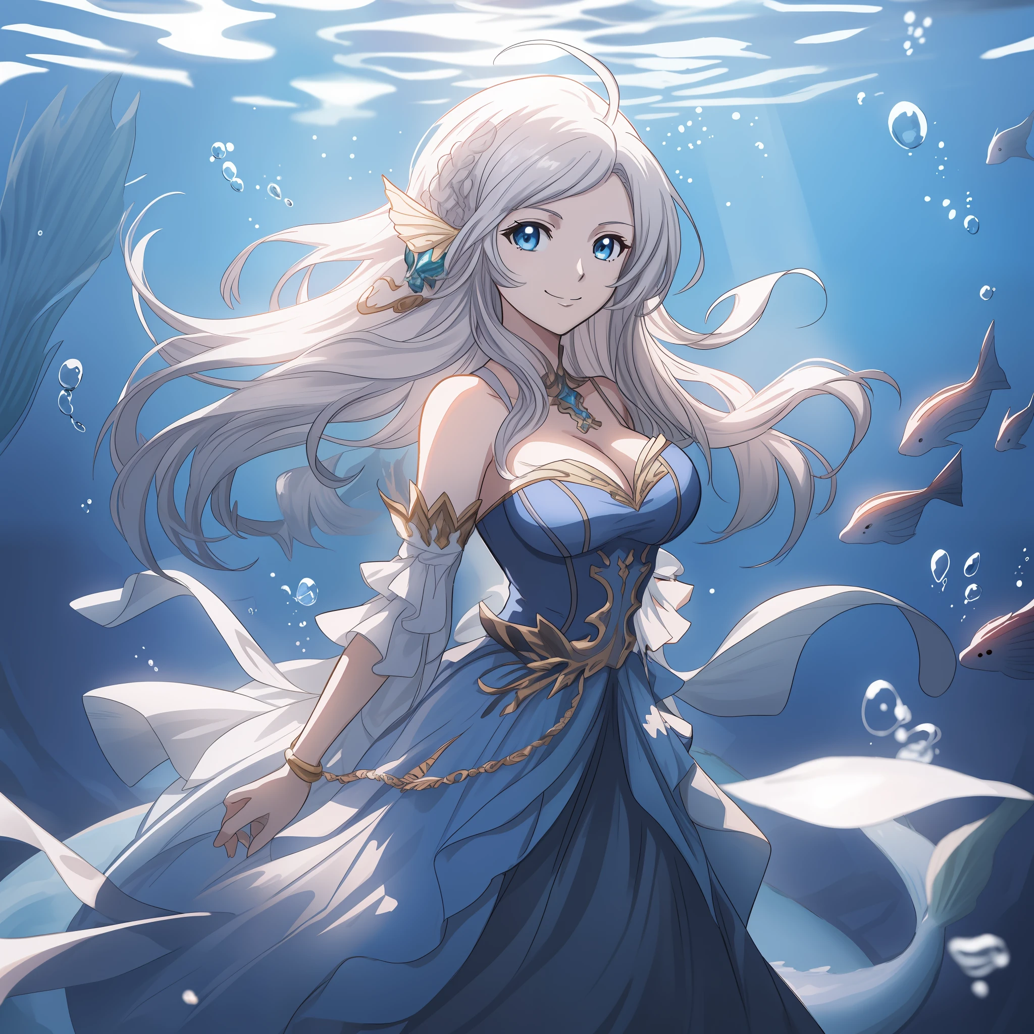 anime girl in a blue dress standing in the water, wallpaper anime blue water, trending on artstation pixiv, granblue fantasy, goddess of the ocean, beautiful fantasy anime, ”beautiful anime woman, detailed digital anime art, anime fantasy illustration, goddess of the sea, beautiful anime artwork, detailed anime art, beautiful anime art, high quality anime art, white hair, mermaid, cleavage, big breasts, sexy,, smiling