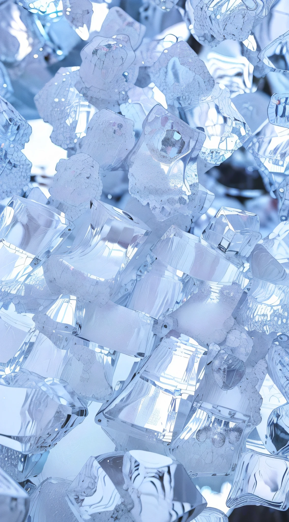 A pile of ice on a pile of ice, crystal material, transparent crystals, , crystal particles, ice cubes, Close-up of single crystal ice cubes, Sparkling ice， crystallic, Translucent crystals, crystals enlight the scene, Ice cube crystals,The feeling of transparent color，超高分辨率
